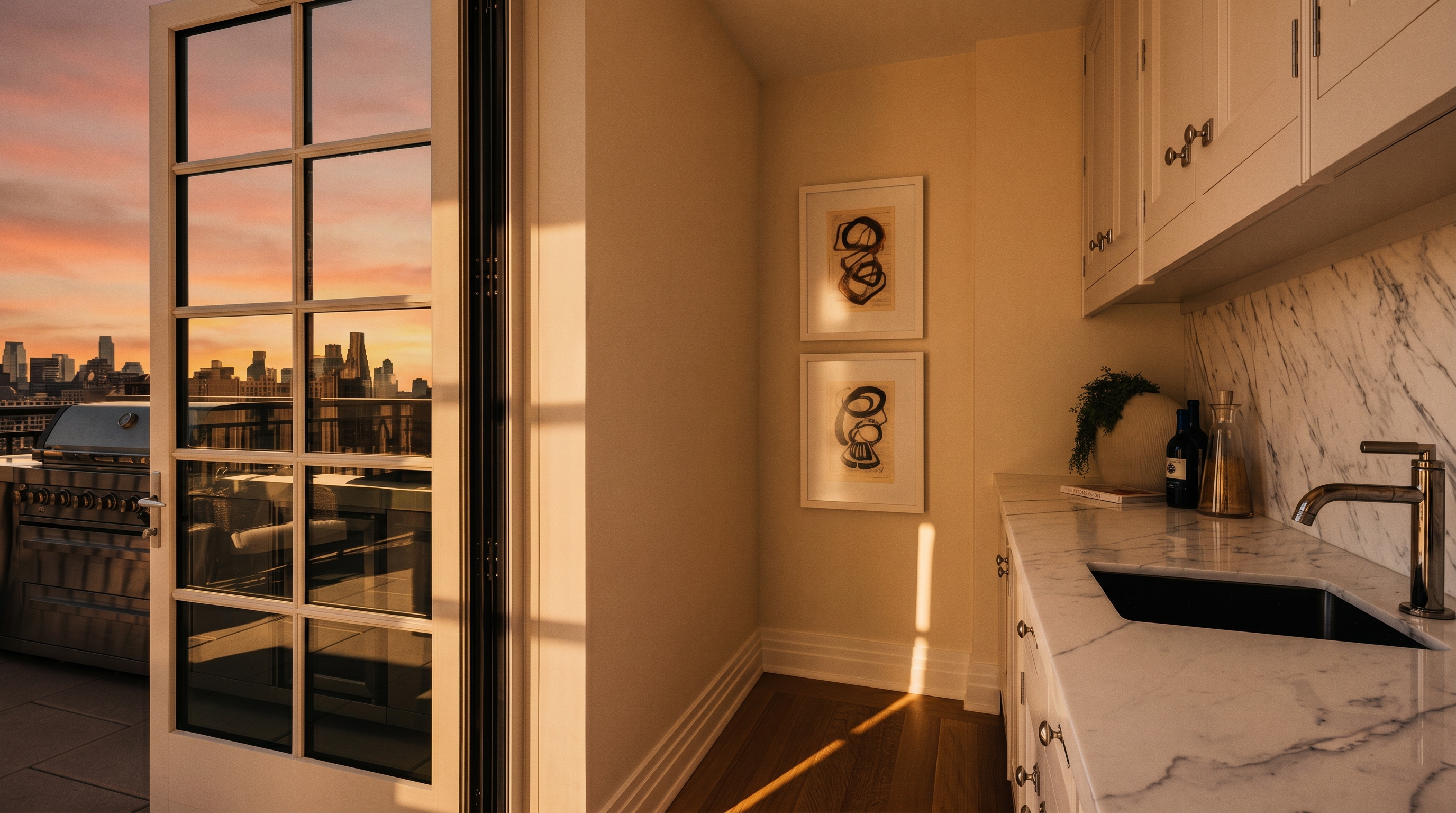 This bright indoor-outdoor wet bar area features a sleek stone countertop with an integrated sink and white cabinetry, seamlessly connecting to a private terrace through a tall glass-paned door. The space is finished with light wood flooring and minimalist framed artwork, offering a sophisticated transition to the outdoor deck where a stainless steel grill is visible against a city skyline backdrop. The perspective captures the clean lines of the interior cabinetry alongside the expansive urban view, emphasizing a luxurious and functional entertaining space.