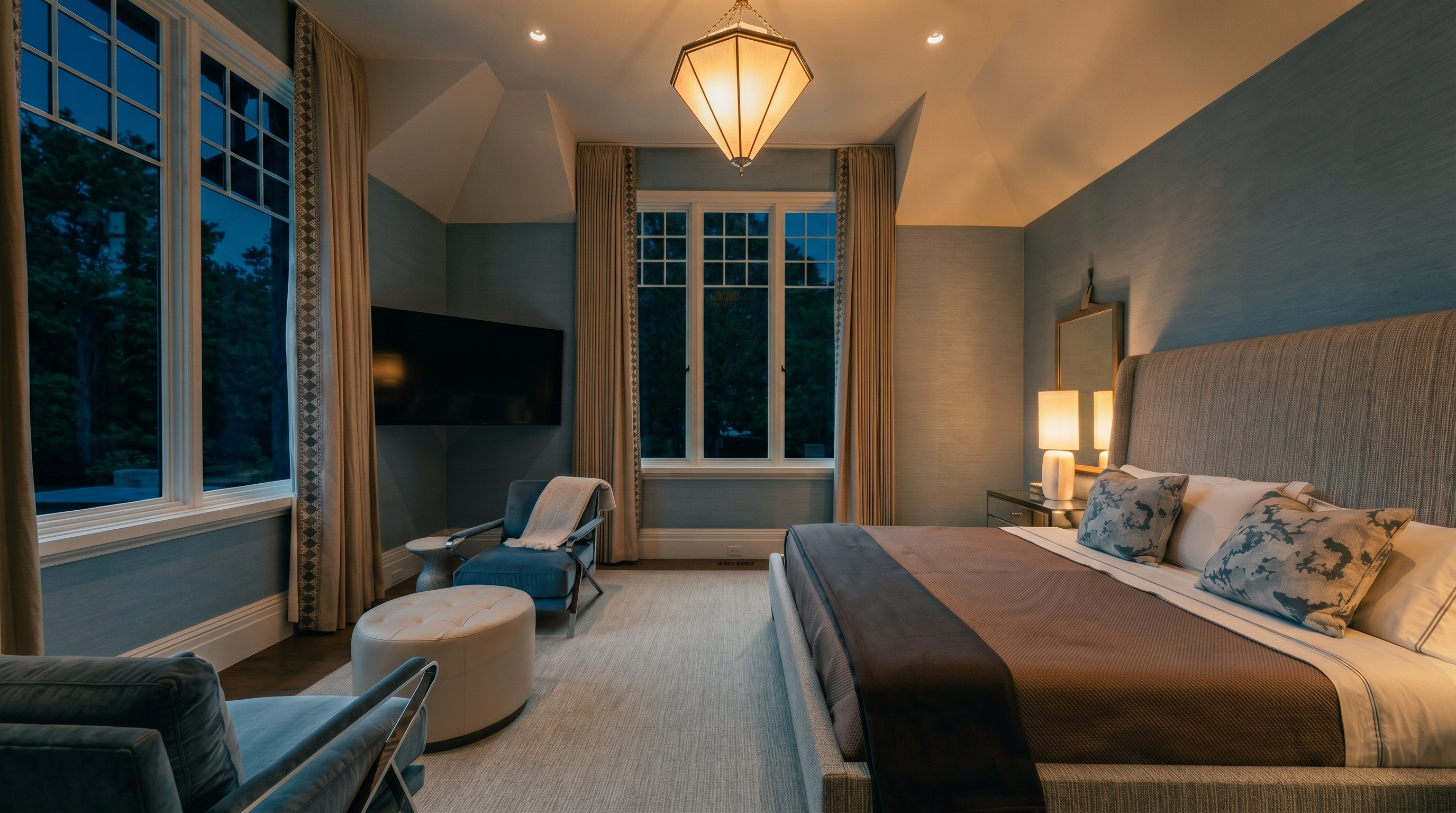 This spacious primary bedroom features a neutral color palette with soft blue walls and a large, upholstered bed as the focal point. The room is illuminated by a geometric pendant light and natural light streaming through tall windows framed by floor-length curtains. A cozy seating area with a blue armchair and a round ottoman provides a comfortable space for relaxation, while the overall aesthetic is elegant and serene.