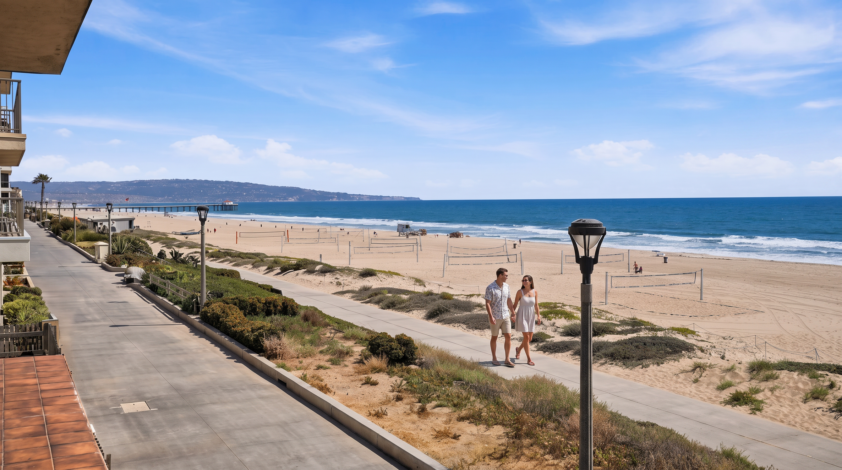 This elevated balcony offers a panoramic, unobstructed view of a sandy beach, the Pacific Ocean, and a distant pier. The perspective is from an upper-level vantage point, looking down over a paved pedestrian walkway and a series of volleyball courts set into the sand. The scene captures a bright, sunny day with a clear blue sky, emphasizing the prime coastal location and outdoor lifestyle.