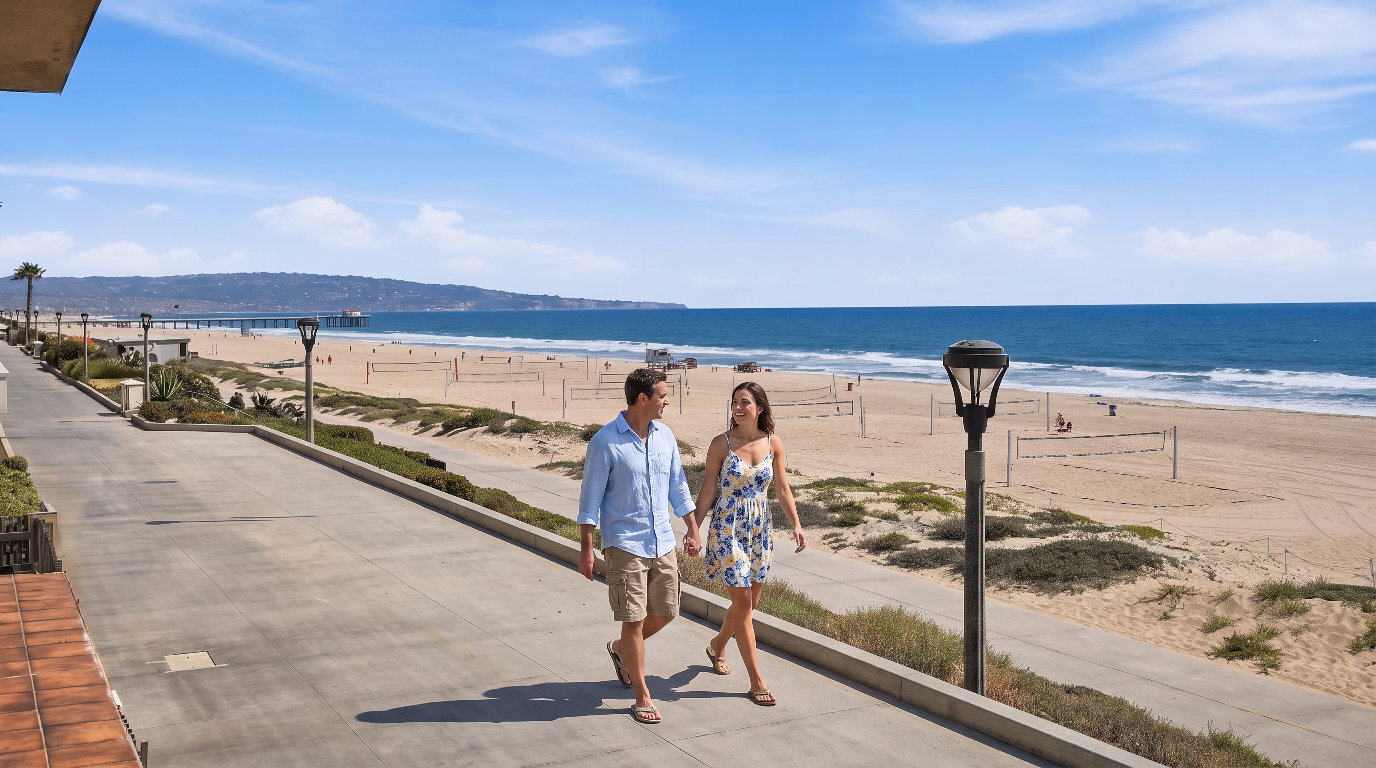 This image features a scenic public walkway adjacent to a sandy beach coastline, serving as an attractive lifestyle amenity for a nearby property. The paved promenade offers direct access to the beach and multiple volleyball courts, providing a vibrant, active environment for residents. With its expansive ocean views and well-maintained pathways, this outdoor space enhances the property's appeal by emphasizing a desirable coastal lifestyle.