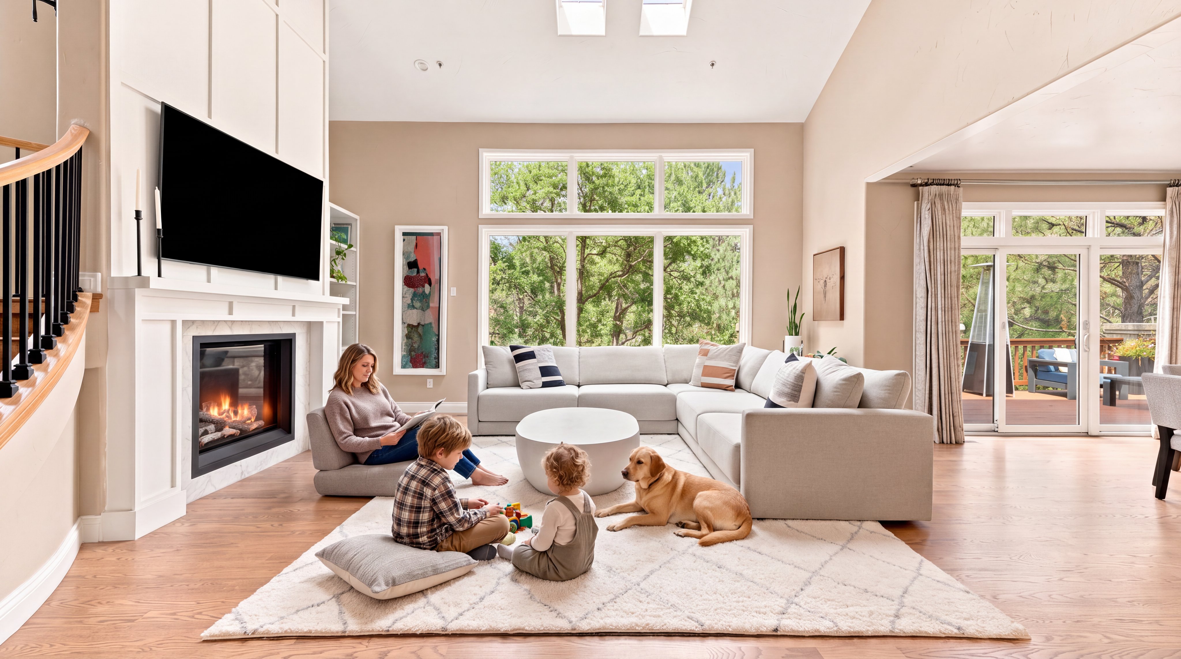This spacious, light-filled living room features a vaulted ceiling with skylights, a sleek fireplace with a mounted television, and a large, comfortable sectional sofa. The open-concept design connects seamlessly to a deck through sliding glass doors, creating an inviting family-friendly space with modern, neutral decor.