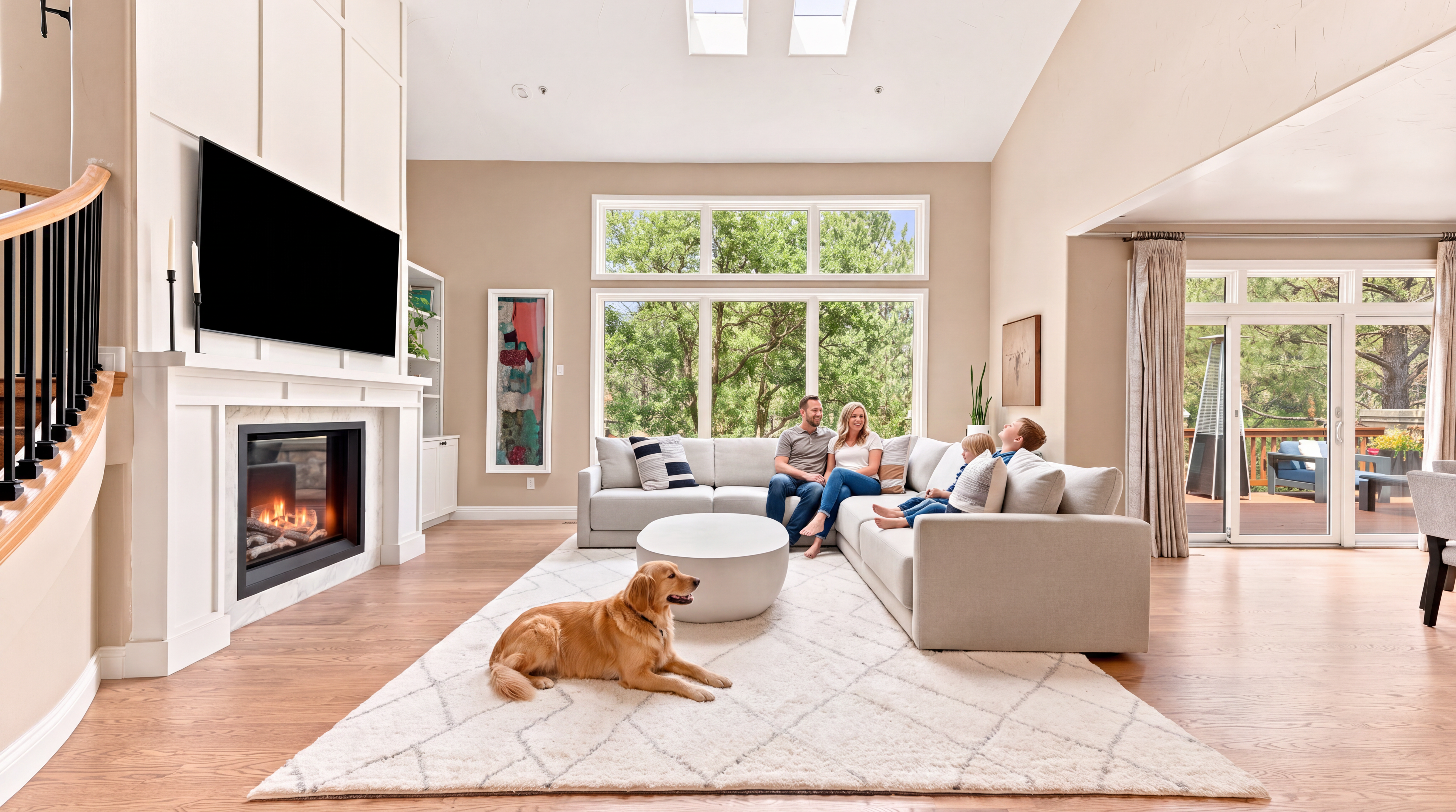 This bright and spacious living room features high vaulted ceilings, large windows that flood the space with natural light, and a cozy fireplace centered on an elegant accent wall. The open-concept design includes a large, plush sectional sofa, a clean-lined coffee table, and hardwood flooring, creating a comfortable and inviting atmosphere for family living. A beautiful golden retriever sits on the area rug, adding to the warm, homey aesthetic of this modern interior.