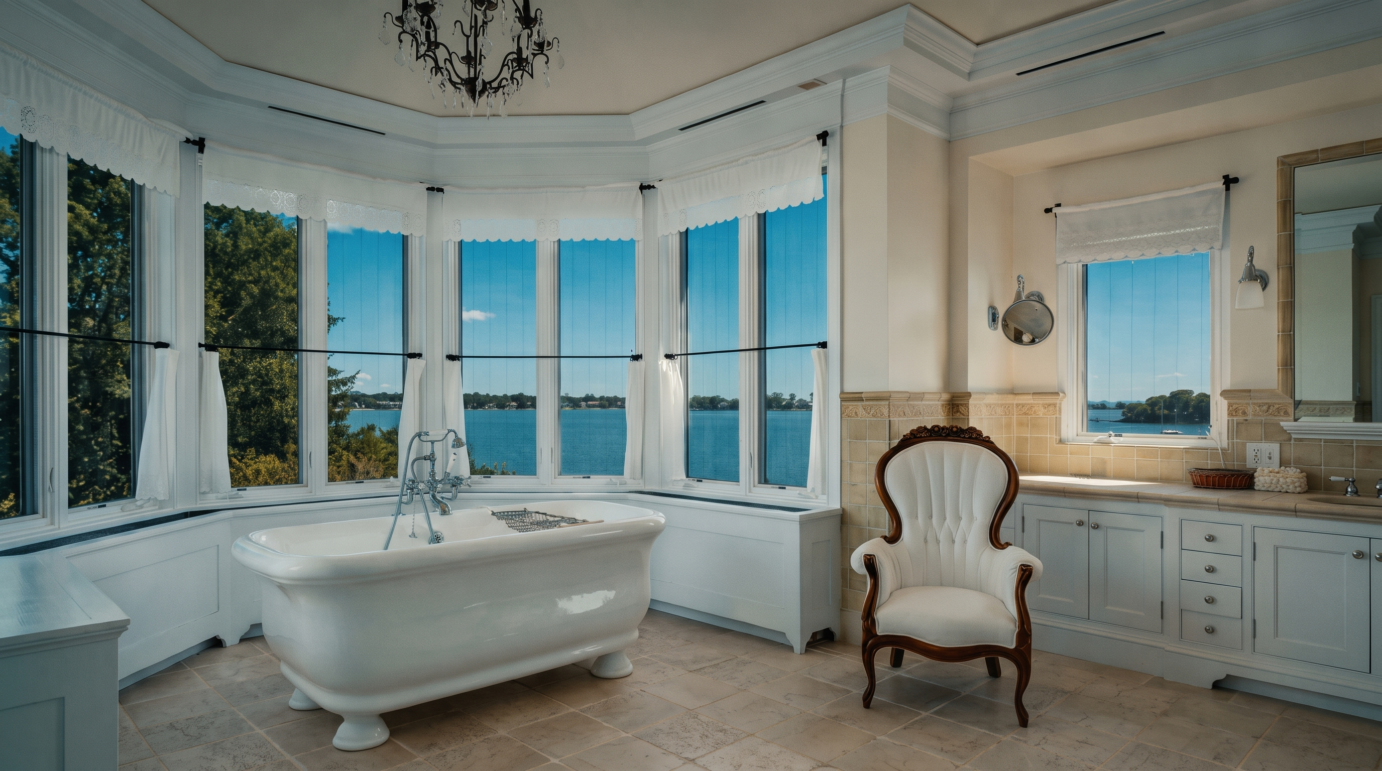 This elegant primary bathroom features a classic clawfoot tub positioned in front of a large bay window that offers expansive water views. The space is appointed with a sophisticated white upholstered armchair, light-toned stone flooring, and custom white cabinetry with a stone countertop. A decorative chandelier hangs from the ceiling, enhancing the luxurious and serene atmosphere of this waterfront retreat.