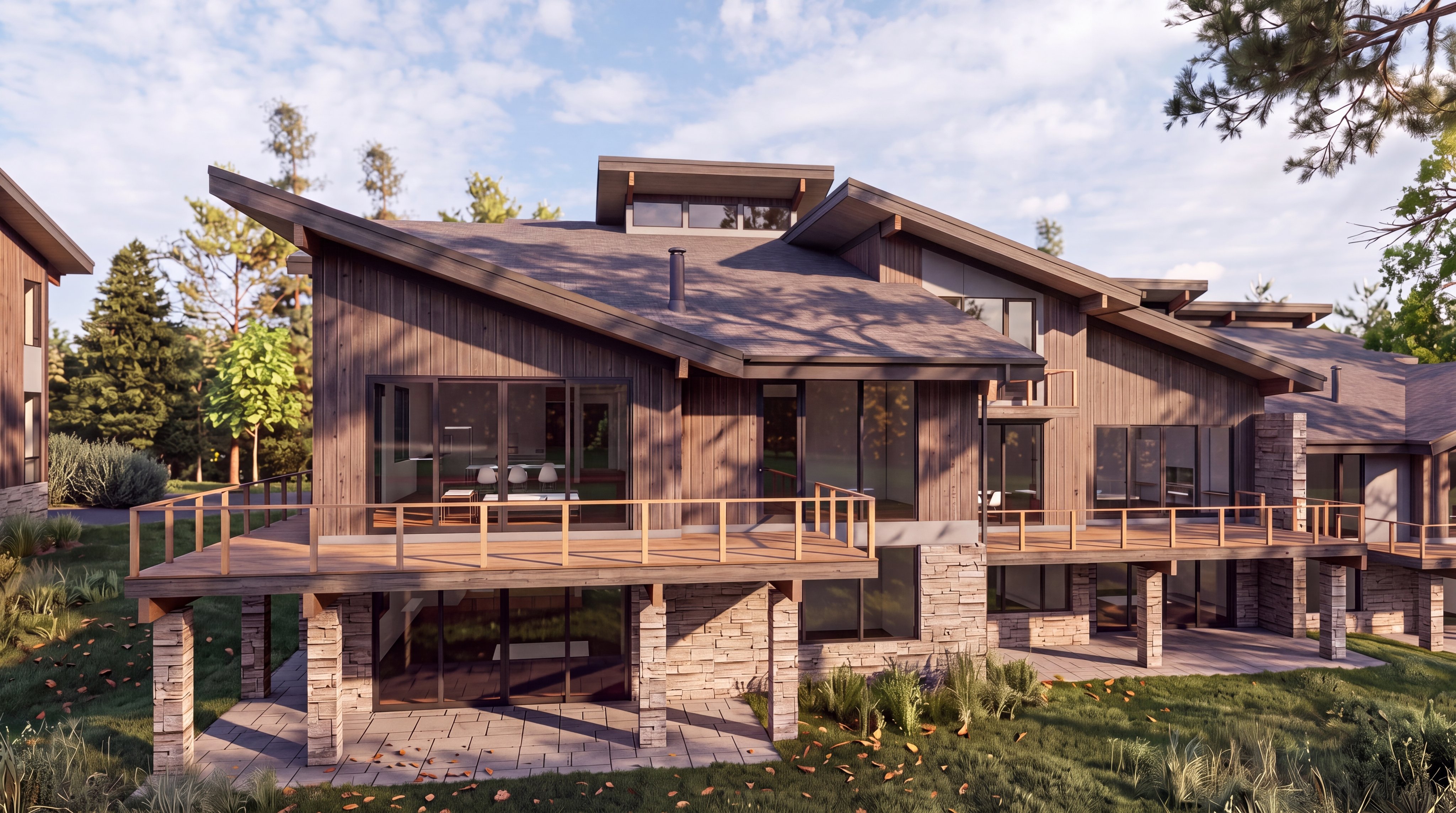 This architectural rendering showcases the rear elevation of a modern mountain-style home, characterized by its dramatic sloped rooflines and a blend of vertical wood siding and natural stone masonry. The home features expansive glass walls that provide a seamless connection to the elevated wooden deck, which overlooks a landscaped lawn. The perspective is captured from a slightly elevated outdoor vantage point, emphasizing the home's sophisticated design and integration with the surrounding wooded environment.