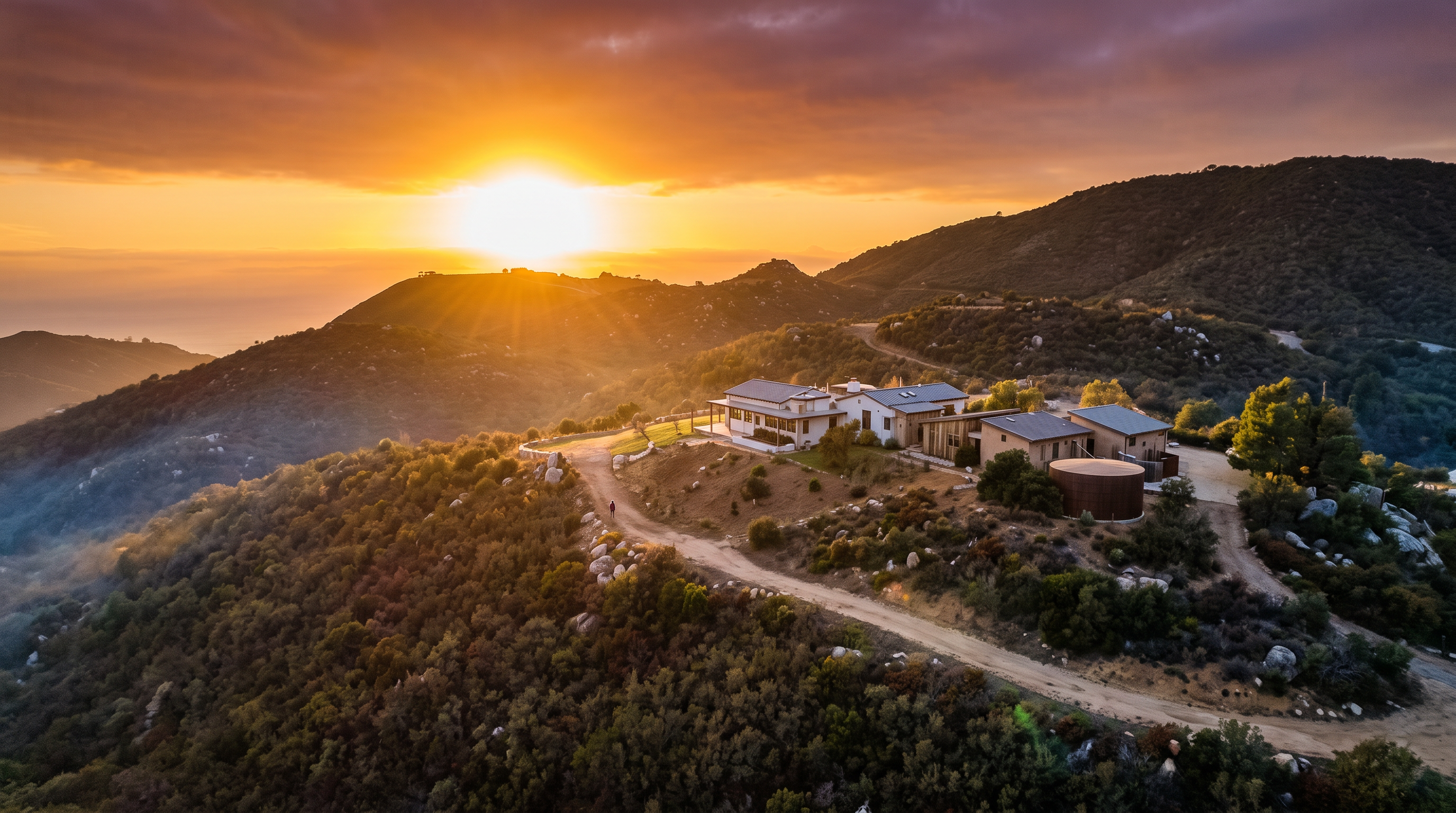This stunning aerial shot captures a large estate nestled within vast, rolling hills under a vibrant sunset sky. The property features a white building with a spacious yard and surrounding natural landscape, emphasizing privacy and scenic beauty. It offers an impressive view of the mountainous terrain, making it an ideal location for those seeking seclusion and picturesque surroundings.