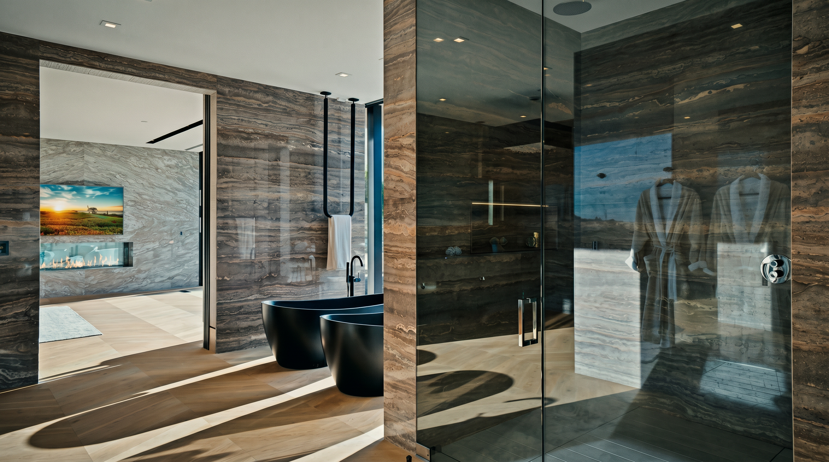 This luxurious primary bathroom features a striking combination of dark, veined stone walls and light wood flooring, creating a sophisticated and modern aesthetic. The space includes a sleek glass-enclosed walk-in shower and two contemporary black freestanding bathtubs, while a doorway leads to an adjacent room with a fireplace and television. The perspective captures the high-end finishes and open-concept design, emphasizing a spa-like atmosphere.