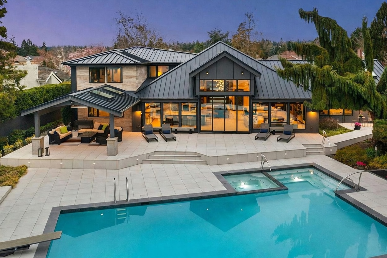 This stunning contemporary residence features a sophisticated dark metal roof and a blend of stone and dark siding, creating a striking modern aesthetic. The expansive rear patio seamlessly integrates with a luxurious swimming pool and integrated spa, perfect for outdoor entertaining. Large floor-to-ceiling windows and glass doors provide a fluid connection between the elegant interior living spaces and the beautifully landscaped backyard.