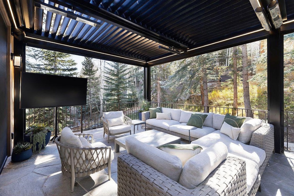 This luxurious covered outdoor living space features a modern louvered roof system and a spacious sectional sofa arranged for comfortable seating. The area is equipped with a large wall-mounted television and overhead heaters, making it suitable for year-round use while overlooking a serene, wooded forest setting. The stone-tiled flooring and sleek black structural supports create a sophisticated, contemporary atmosphere perfect for entertaining.