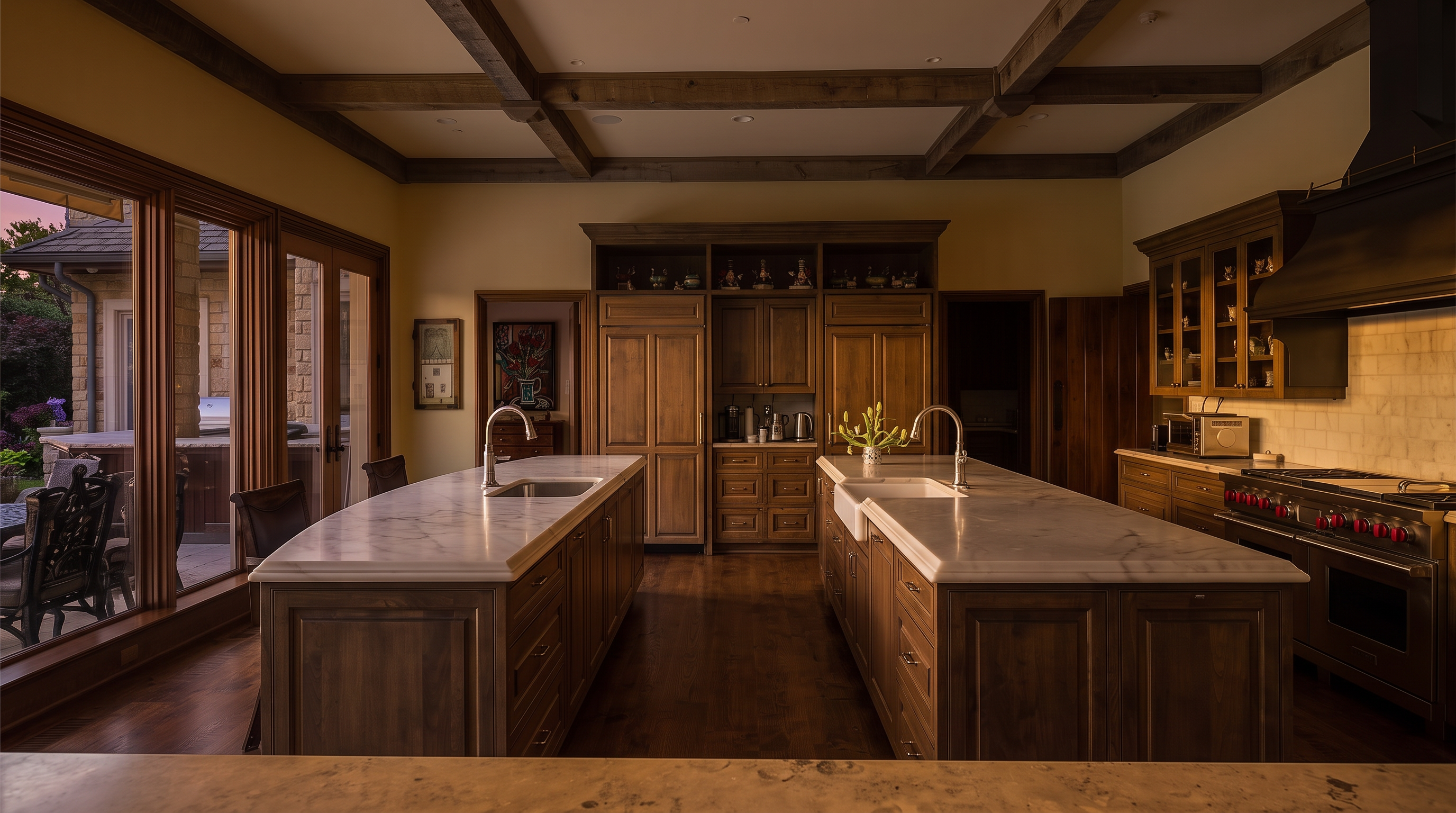 This spacious, high-end kitchen features two large islands with stone countertops and dark wood cabinetry, creating a symmetrical and functional layout. The room is accented by exposed wooden ceiling beams and large windows that provide a view of the outdoor patio area. A professional-grade range with a prominent hood serves as a focal point, while the warm wood flooring ties the traditional aesthetic together.
