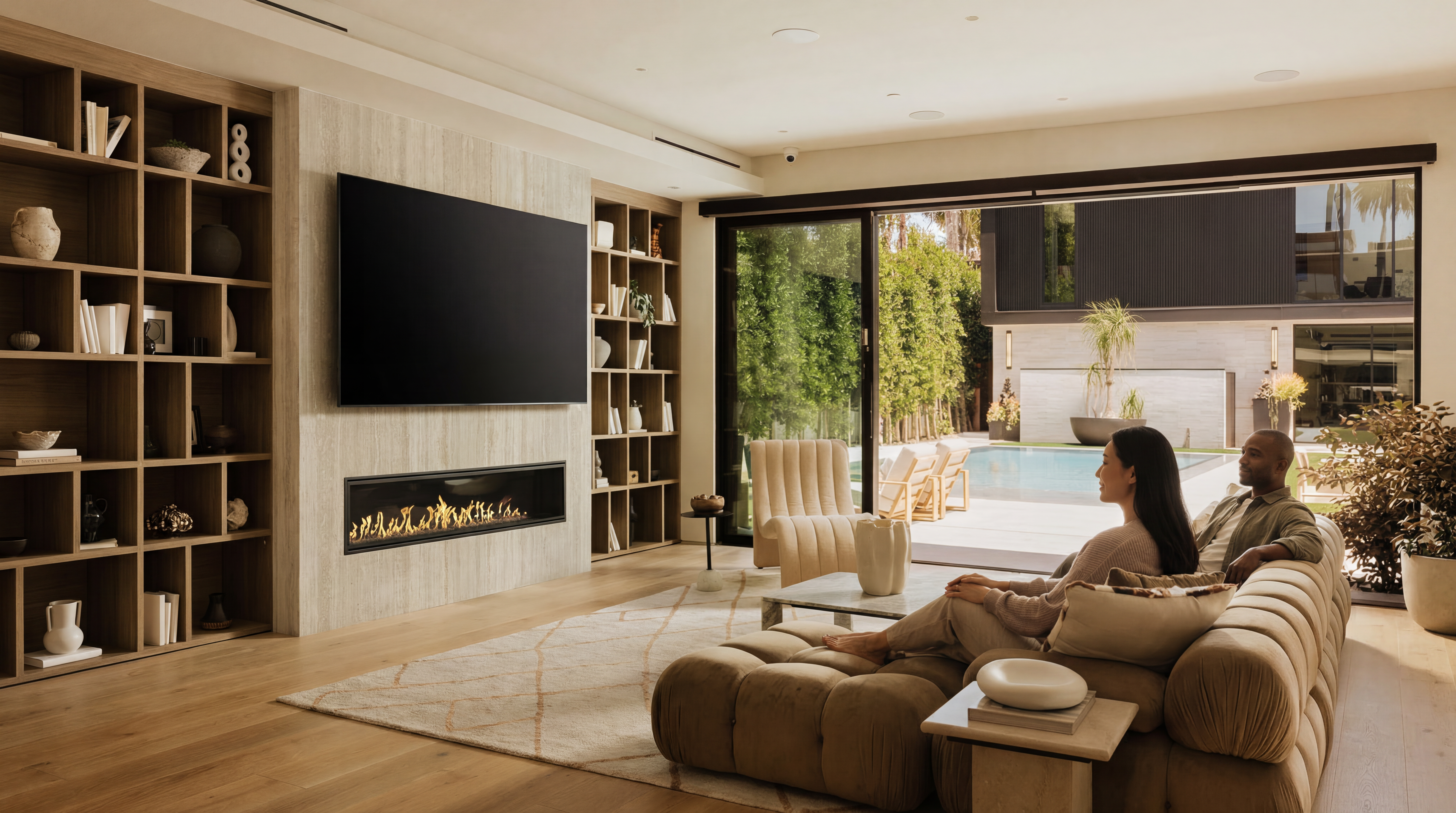 This sophisticated, contemporary living room features a striking linear fireplace integrated into a custom-tiled feature wall with adjacent built-in shelving. Large, seamless sliding glass doors open directly onto a covered patio and pool area, creating an effortless indoor-outdoor flow. The space is anchored by a plush, modular sectional sofa, highlighting its potential for luxurious relaxation and refined entertaining.