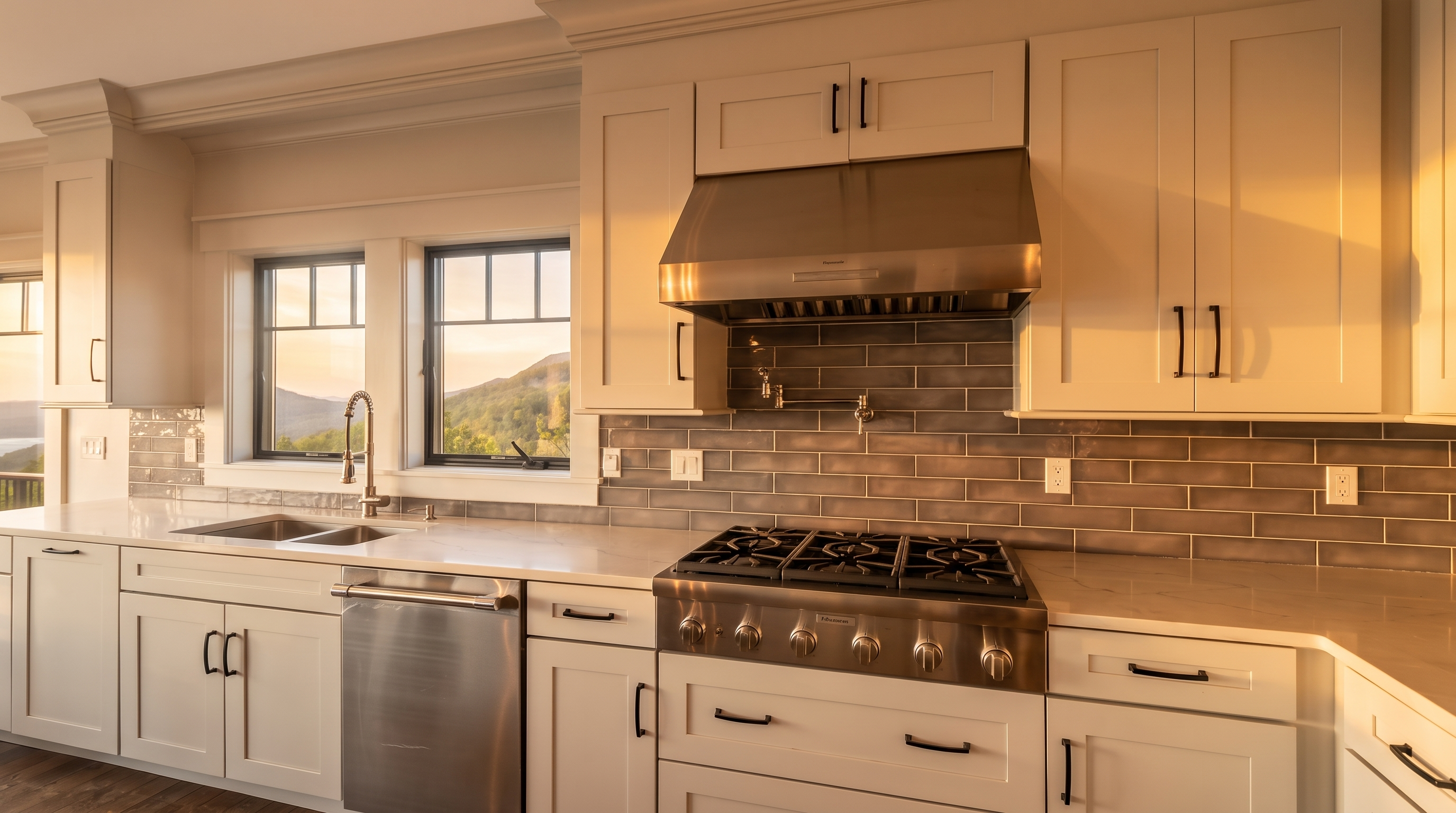 This bright and modern kitchen features clean white shaker-style cabinetry, elegant quartz countertops, and a stylish gray subway tile backsplash. The space is equipped with high-end stainless steel appliances, including a professional-grade range and hood, while large windows provide beautiful views of the surrounding mountainous landscape.