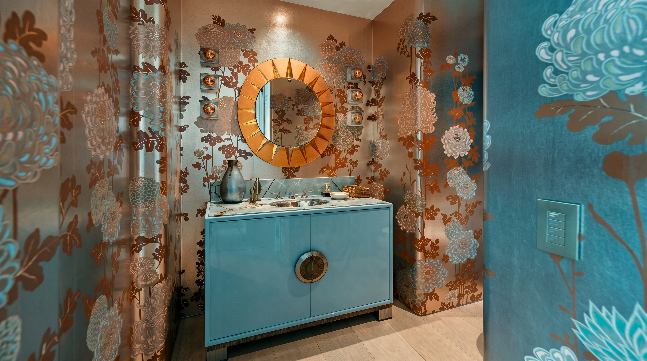 This powder room features a striking, bold aesthetic with metallic floral wallpaper and a light blue vanity cabinet. A large, sunburst-style gold mirror serves as the focal point above a stone-topped vanity, flanked by modern wall-mounted light fixtures. The space is compact and luxurious, showcasing a unique blend of textures and vibrant colors.