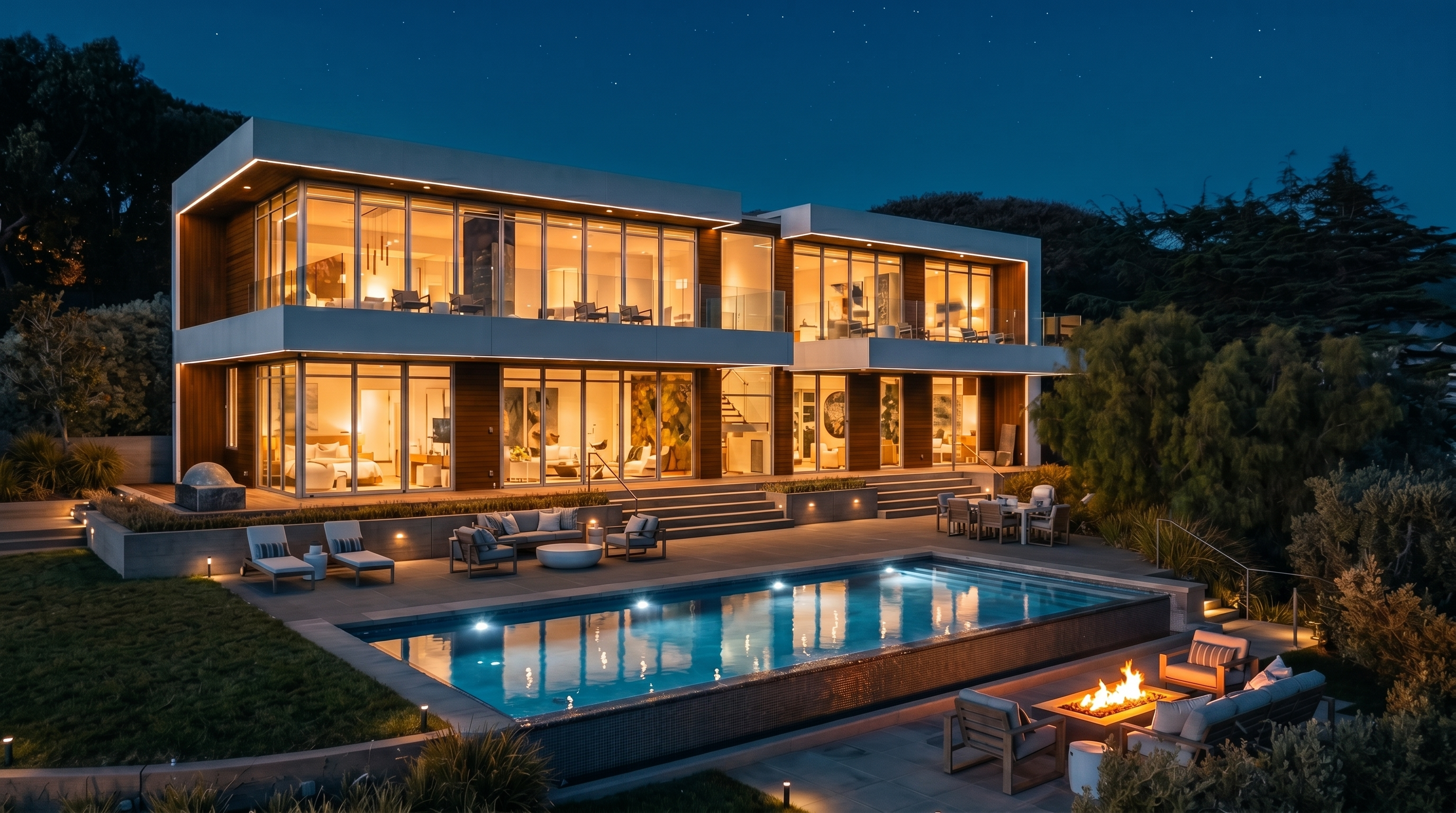 This modern, two-story luxury residence features a striking architectural design with extensive glass walls that offer a seamless connection between the interior and the expansive outdoor living space. The rear exterior showcases a large rectangular swimming pool, a spacious stone-paved patio with multiple seating areas, and a fire pit, all set against a backdrop of lush trees and manicured landscaping. The clean lines, wood-paneled accents, and minimalist aesthetic create a sophisticated and inviting atmosphere perfect for outdoor entertaining.