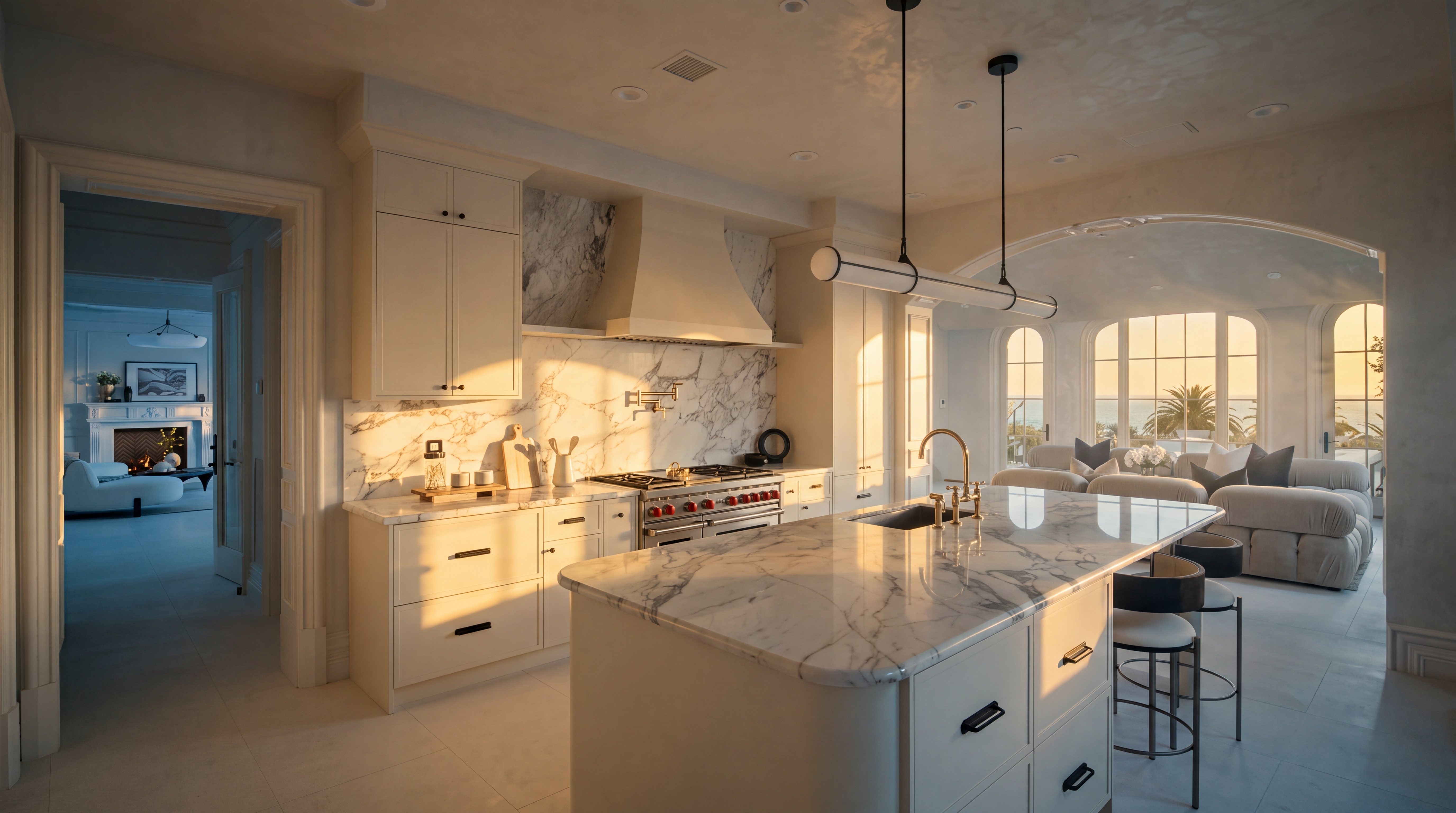 This bright, open-concept kitchen features white cabinetry, a large central island with a stone countertop, and a matching stone backsplash. A professional-style range is positioned under a custom hood, while a modern linear pendant light hangs above the island. The space flows seamlessly into an adjacent living area with large windows that provide a clear view of the ocean.
