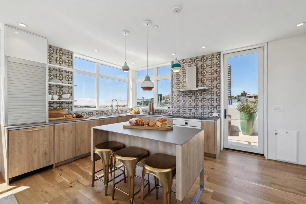 This modern kitchen features light wood cabinetry, a central island with three metallic stools, and a distinctive patterned tile backsplash. Large windows provide ample natural light and views of the outdoors, while a glass door leads to an adjacent balcony. The space is finished with light wood flooring and contemporary pendant lighting, creating a bright and airy atmosphere.