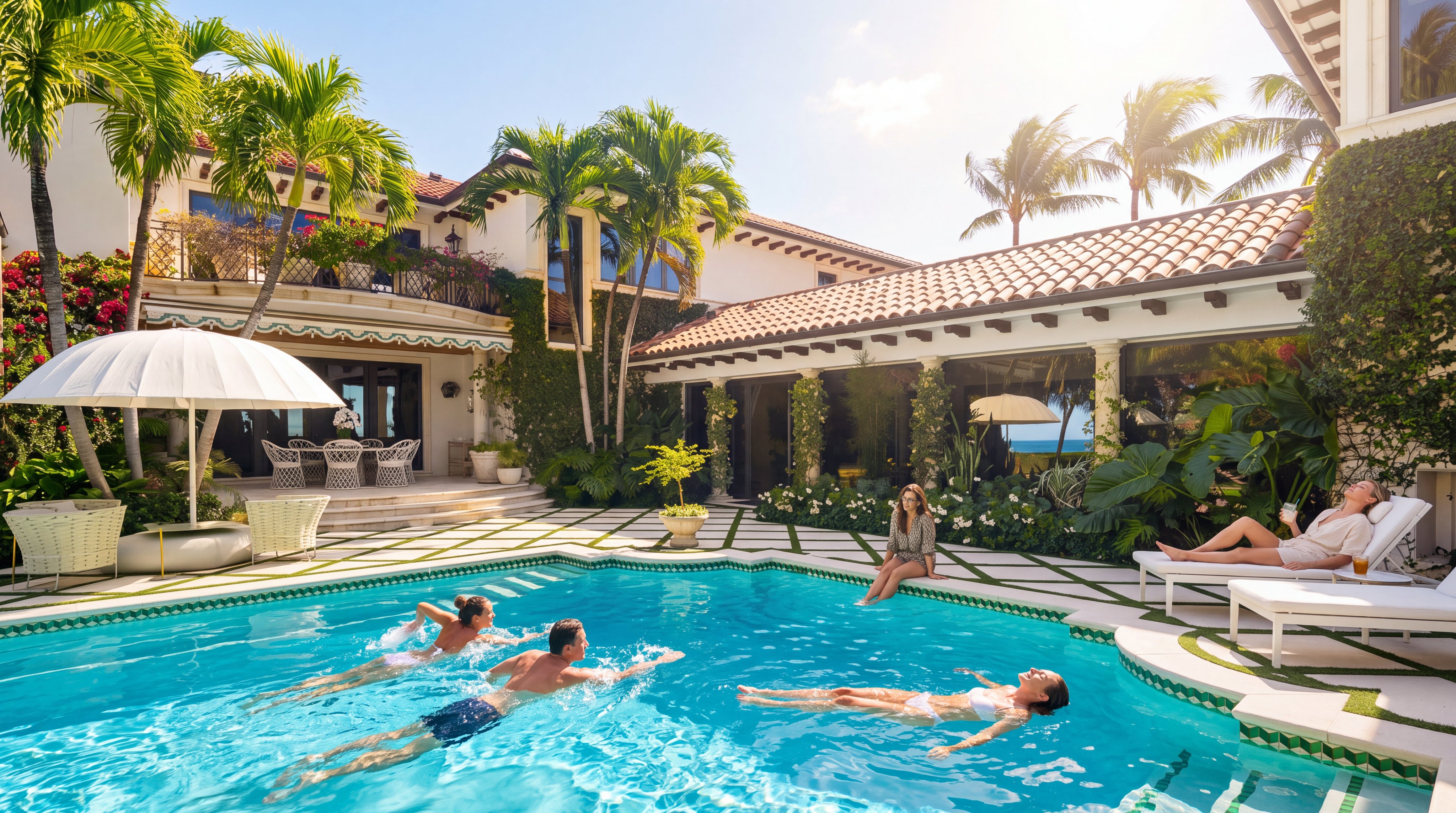 This luxurious Mediterranean-style estate features a expansive, custom-shaped swimming pool integrated into a beautifully manicured courtyard. The property showcases elegant architectural details, including tiled rooflines, a covered veranda with bistro seating, and lush tropical landscaping. This sophisticated outdoor living space is designed for high-end relaxation and entertaining, offering a resort-like atmosphere with sun loungers and water features.