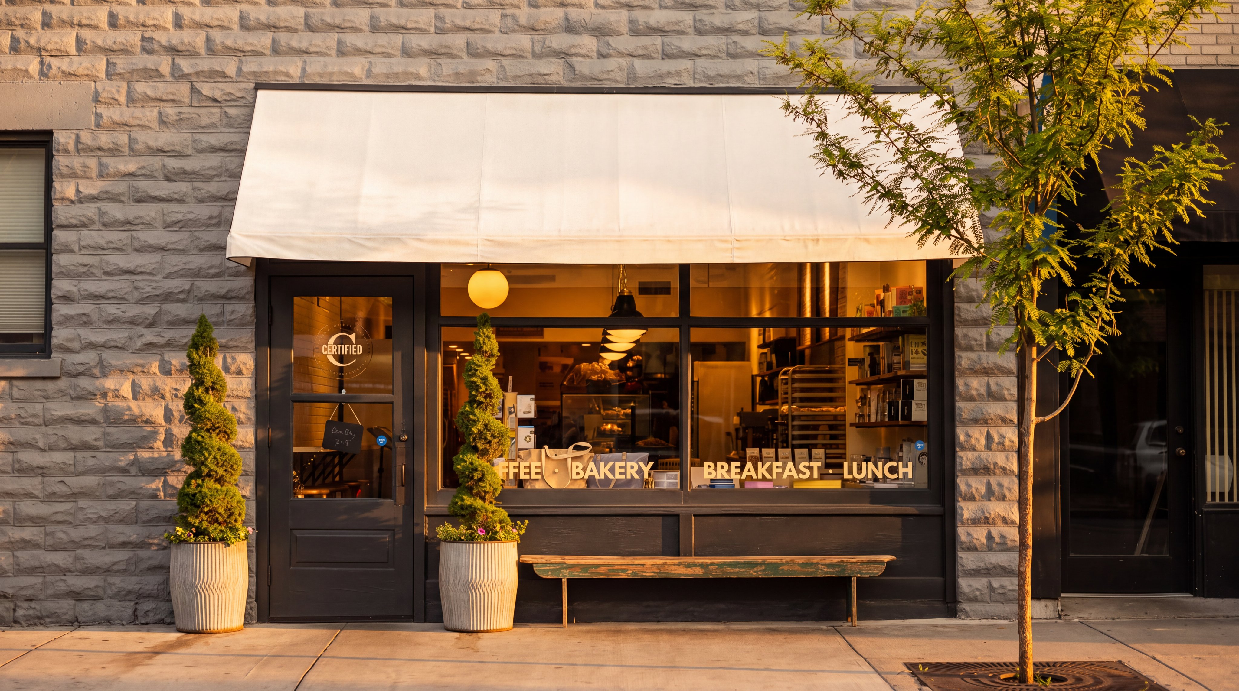 This charming storefront features a classic, rustic design with painted gray brick exterior walls and a clean, white awning. The entryway is framed by a dark-painted door and a large display window that advertises coffee, bakery, breakfast, and lunch services. A weathered wooden bench sits conveniently beneath the window, flanked by potted spiral topiaries, contributing to an inviting and boutique-style curb appeal.