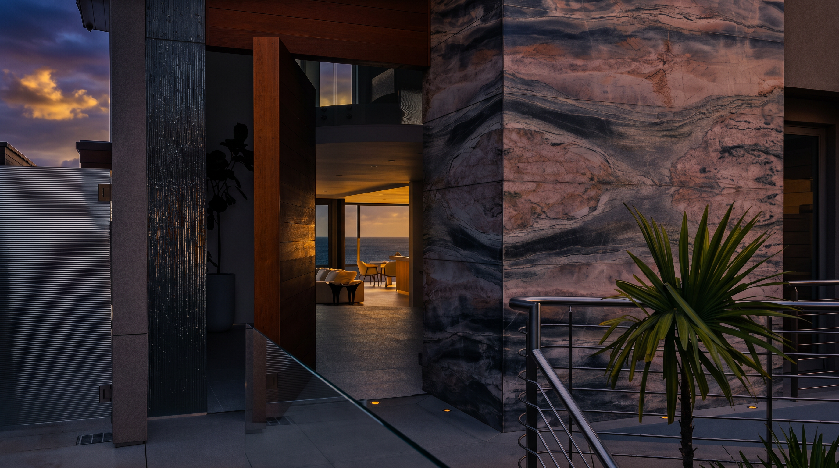This striking entryway features a massive, pivoting wood door that opens into a bright, modern interior with a view of the ocean beyond. To the right, a wall is clad in large, dramatic stone slabs with swirling, multi-toned patterns, while a stainless steel railing and a potted plant add texture to the foreground. The perspective captures the transition from the outdoor landing into the home, emphasizing a seamless connection between luxury architecture and the coastal landscape.