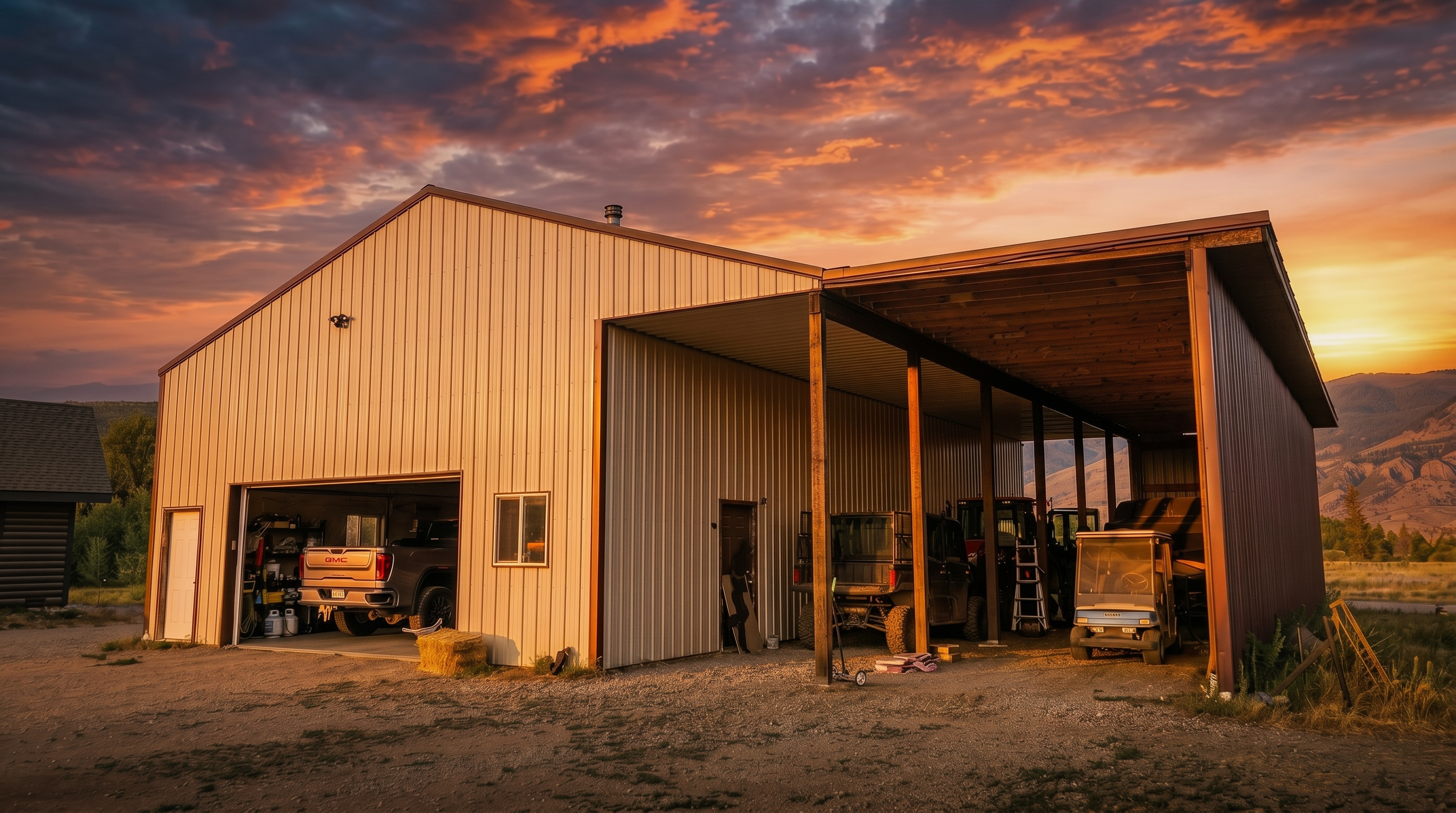 This image showcases a large, utilitarian metal-sided workshop or garage building set against a clear blue sky with distant mountains in the background. The structure features a partially open-air carport section on the right, housing various vehicles and equipment, while the enclosed left side serves as a garage with a truck visible inside. The gravel foreground and rural setting emphasize the functional, spacious nature of this property, ideal for storage or hobbyist activities.