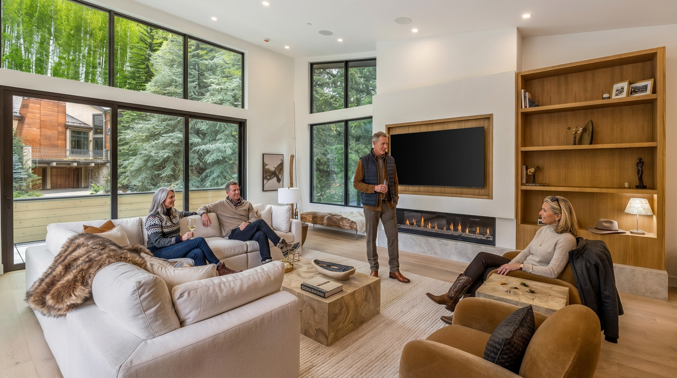 This spacious living room features a high, vaulted ceiling and expansive windows that provide abundant natural light and views of the surrounding trees. A linear fireplace is set into a prominent, light-colored surround, complemented by a built-in wooden shelving unit to the side. The room is furnished with a large, plush sectional sofa, two comfortable armchairs, and a central wooden coffee table, creating a warm and inviting atmosphere.