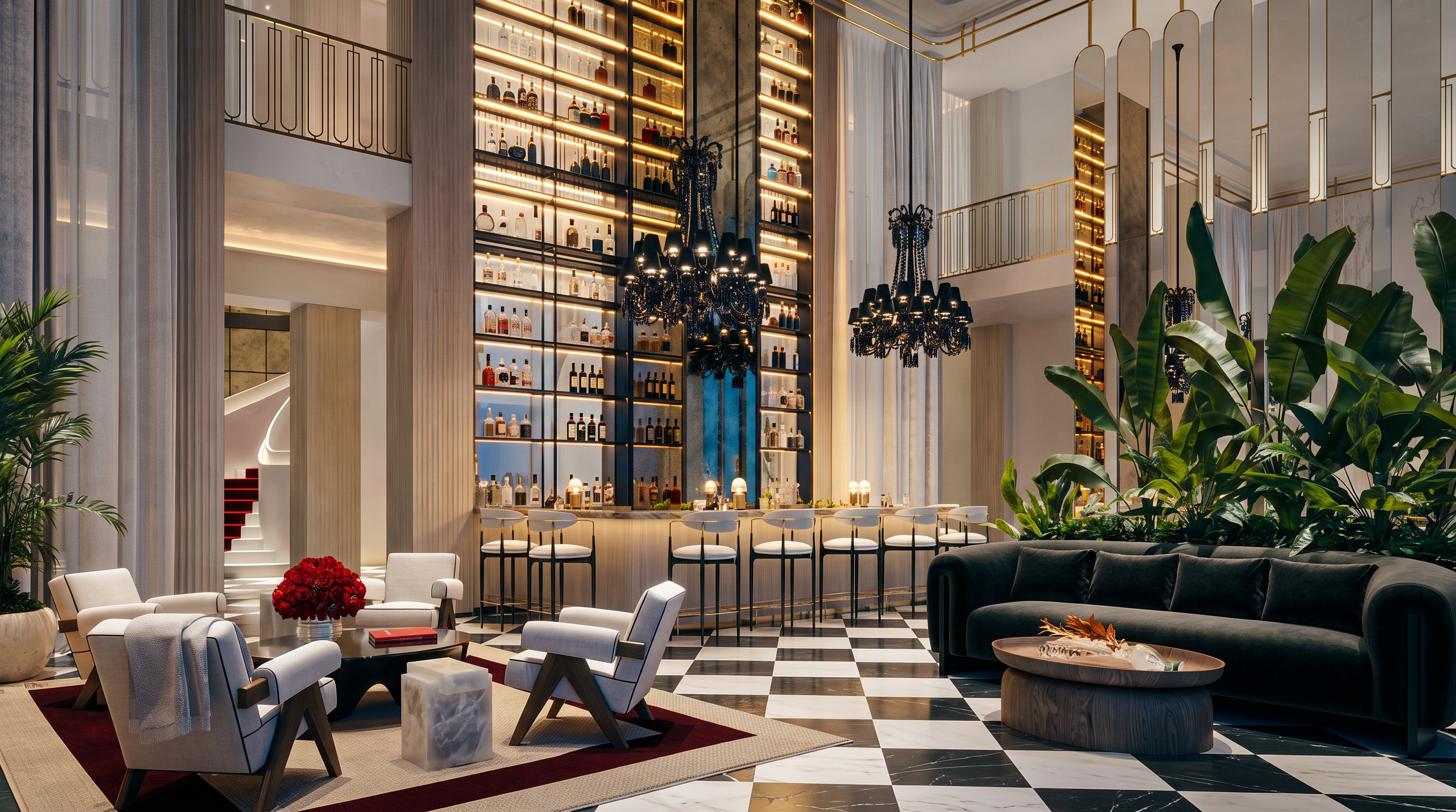 This luxurious, double-height lounge area features a grand bar with extensive shelving and dramatic black chandeliers. The space is anchored by a bold black-and-white checkered floor, complemented by a plush, curved velvet sofa and elegant seating arrangements. Large tropical plants and warm, ambient lighting create a sophisticated, high-end atmosphere suitable for a premium residential amenity space.