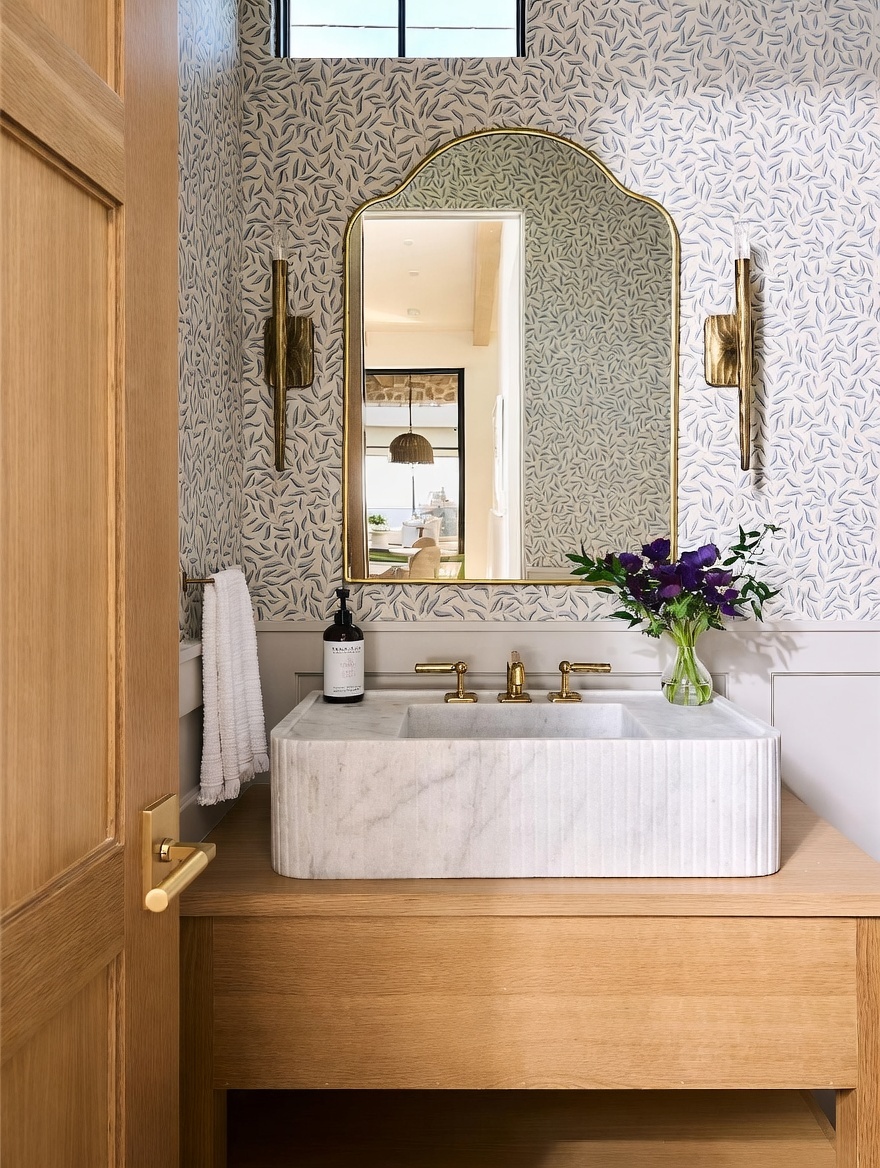 This elegant powder room features a light wood vanity topped with a textured stone sink and gold-toned fixtures. The walls are adorned with a delicate blue and white botanical wallpaper, complemented by a tall arched mirror and matching wall sconces. A small vase of purple flowers adds a pop of color, while the overall aesthetic is sophisticated and refined.