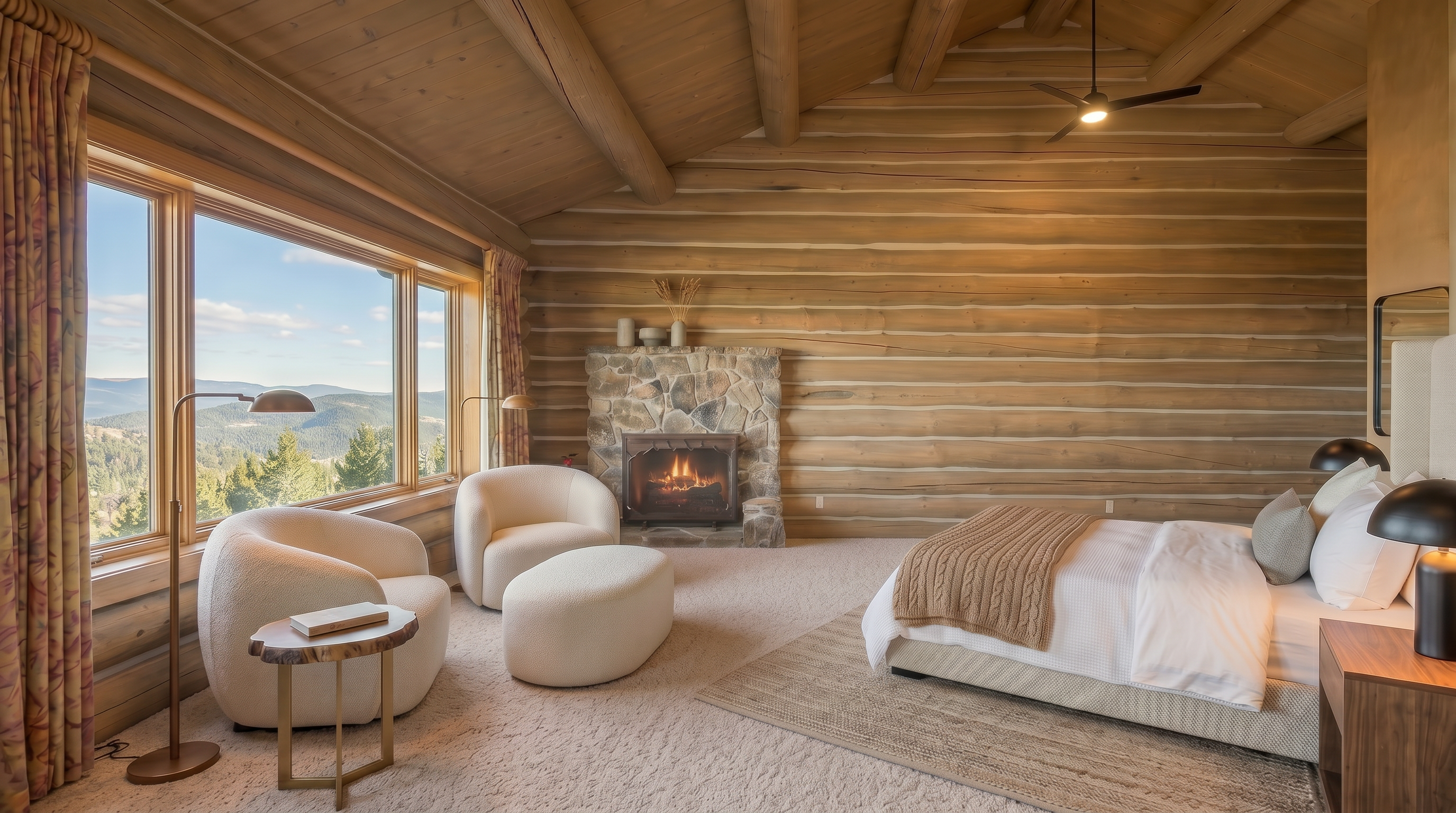This spacious and rustic primary bedroom features stunning log walls and high vaulted ceilings, creating a cozy and cabin-inspired atmosphere. A large stone fireplace serves as a focal point, complemented by expansive windows that offer breathtaking views of the surrounding natural landscape. The room is completed with neutral carpeting and a convenient walk-in closet entryway, providing a warm and inviting retreat.
