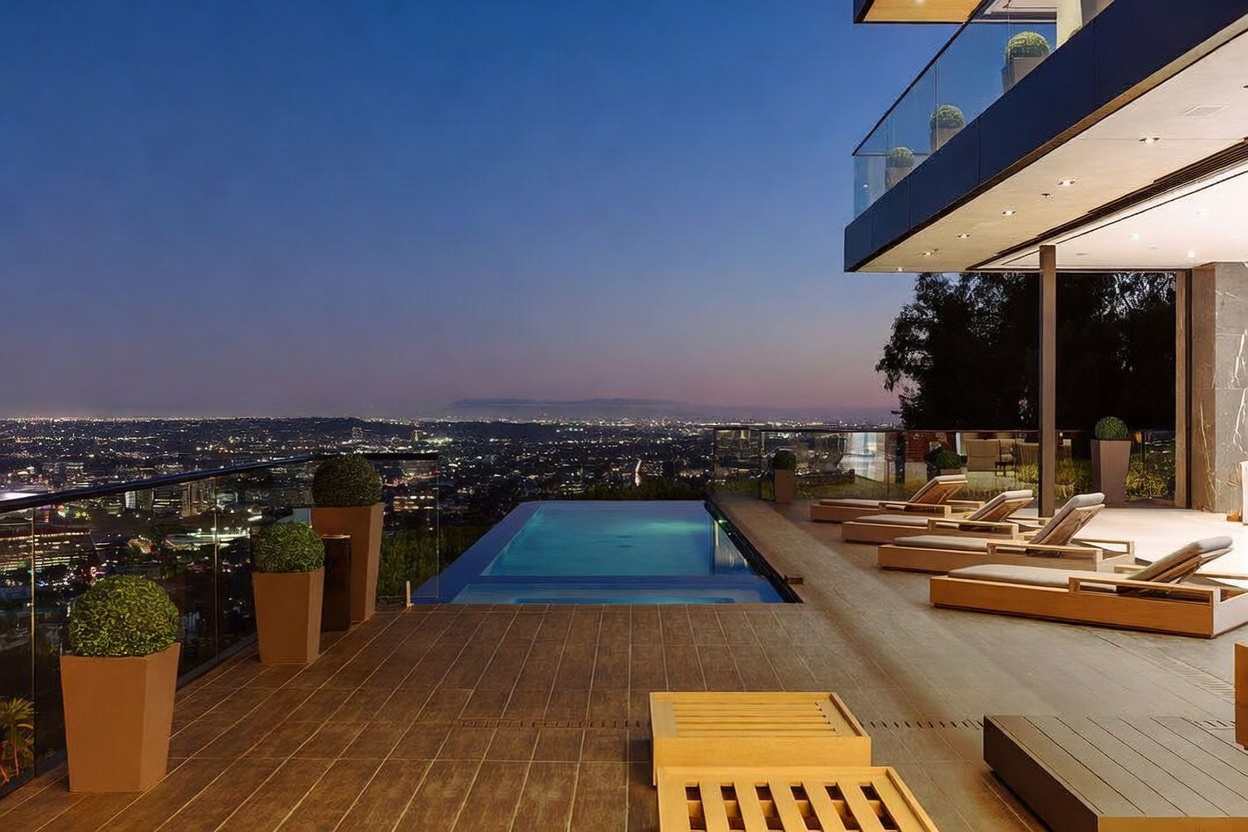This stunning luxury terrace features a sleek infinity-edge pool that seamlessly blends into a breathtaking panoramic view of the city lights at dusk. The expansive wooden deck is furnished with multiple modern lounge chairs, creating an ideal space for high-end outdoor entertaining. The architectural design emphasizes clean lines and a sophisticated, contemporary aesthetic that maximizes the dramatic cliffside setting.