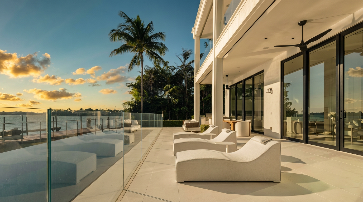 This expansive, modern patio overlooks a serene waterfront, featuring a row of sleek white lounge chairs arranged along a glass railing. The space is defined by clean lines, large glass sliding doors that connect the indoor and outdoor living areas, and a covered ceiling with a modern fan. The bright, sunlit atmosphere and unobstructed water views create a luxurious and tranquil outdoor retreat.