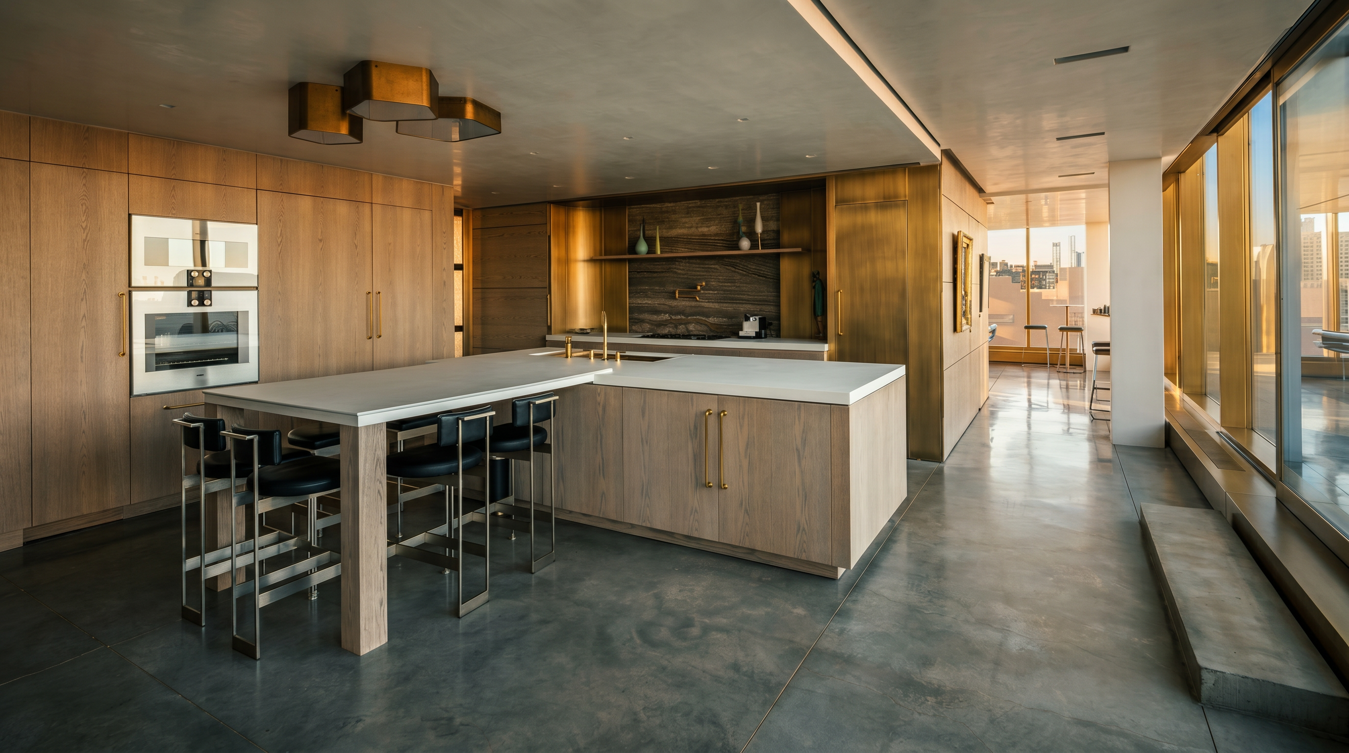 This sophisticated, modern kitchen features a large central island with a light-toned stone countertop and integrated seating, complemented by light wood cabinetry and metallic accents. The space is defined by its clean lines, polished concrete flooring, and expansive floor-to-ceiling windows that provide a bright, airy atmosphere with a view of the city skyline. A unique geometric gold-toned light fixture serves as a focal point above the island, enhancing the luxurious and contemporary aesthetic of the room.