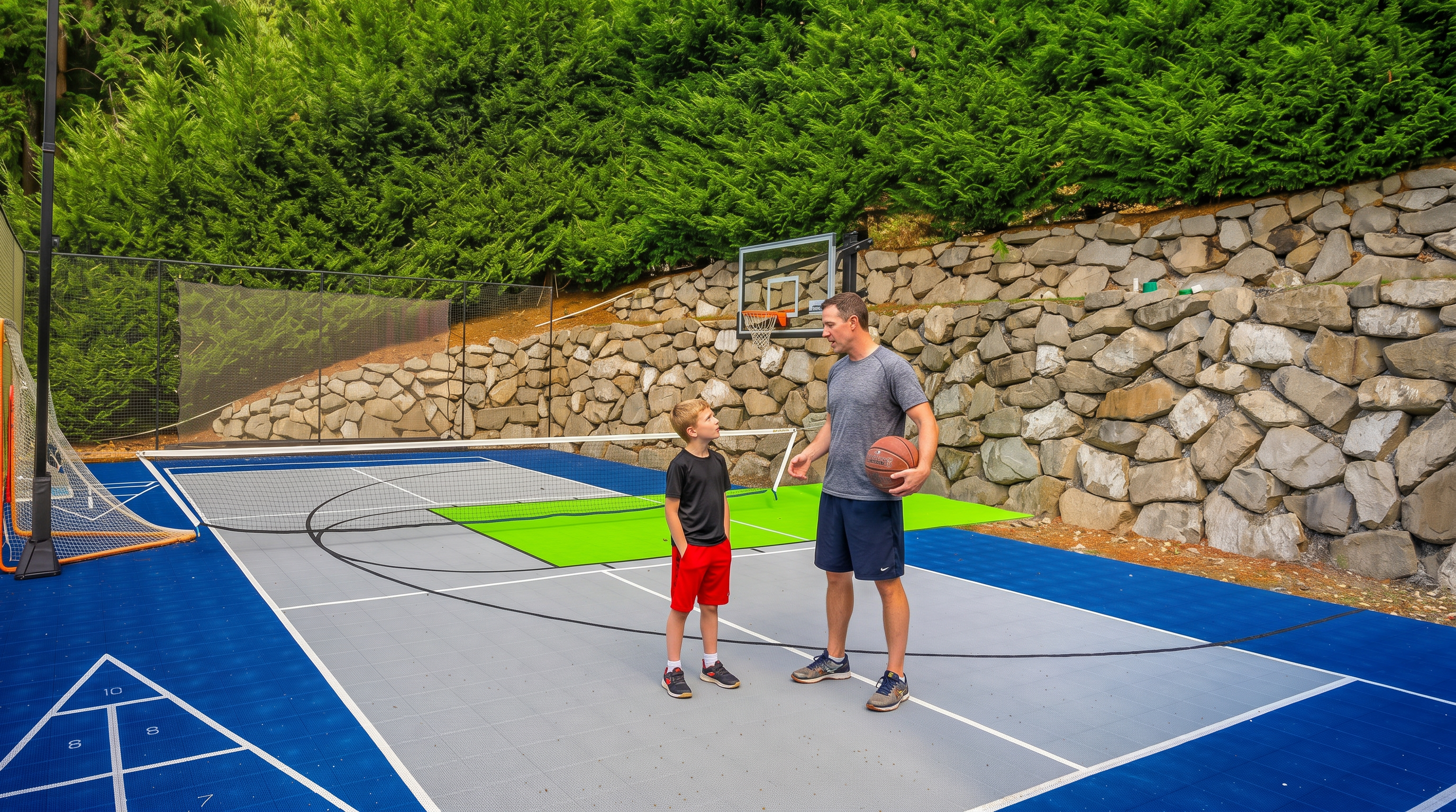 This outdoor recreational space features a multi-purpose sport court with blue and grey modular tiles, equipped with a basketball hoop, a pickleball net, and a shuffleboard court. The area is bordered by a tall, rustic stone retaining wall and dense evergreen trees, creating a private and secluded atmosphere. The perspective is a wide-angle shot capturing the entire court layout against the natural landscape.