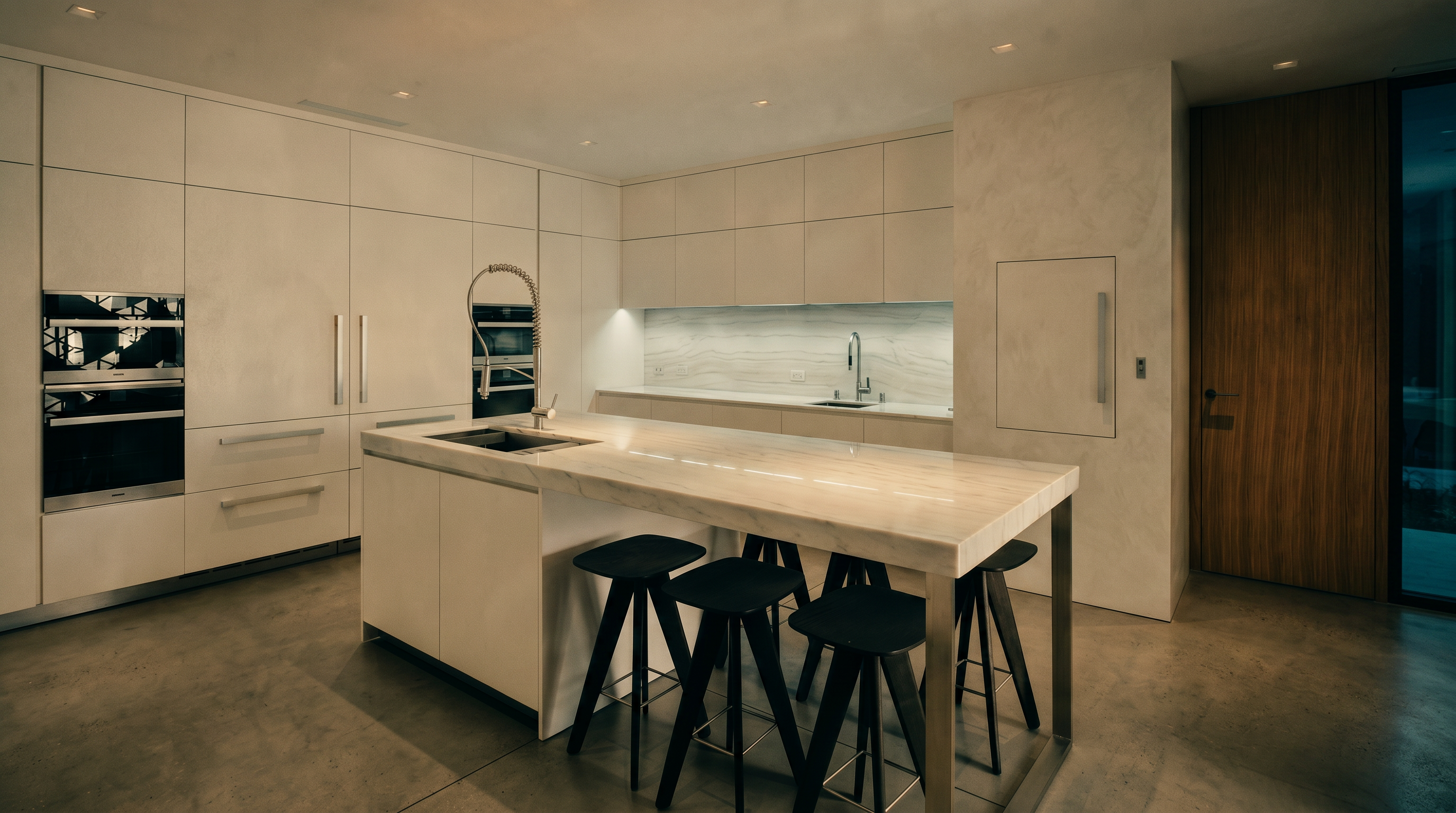 This sleek, minimalist kitchen features high-end white cabinetry, integrated appliances, and a large central island with a stone countertop and seating for four. The space is characterized by clean lines, a neutral color palette, and recessed lighting, creating a sophisticated and modern atmosphere. The perspective is a wide-angle shot from the kitchen floor, showcasing the seamless integration of the island and the surrounding cabinetry.