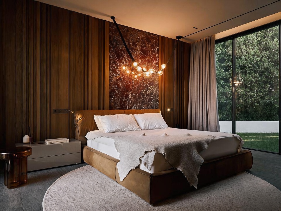 This luxurious primary bedroom features a sophisticated design with a rich, dark wood-paneled accent wall centered around a striking marble slab. A plush, low-profile bed with a textured throw sits atop a circular rug, while a unique, modern chandelier hangs above to create a warm, ambient glow. Large floor-to-ceiling windows provide a seamless connection to the lush greenery outside, enhancing the room's serene and high-end atmosphere.