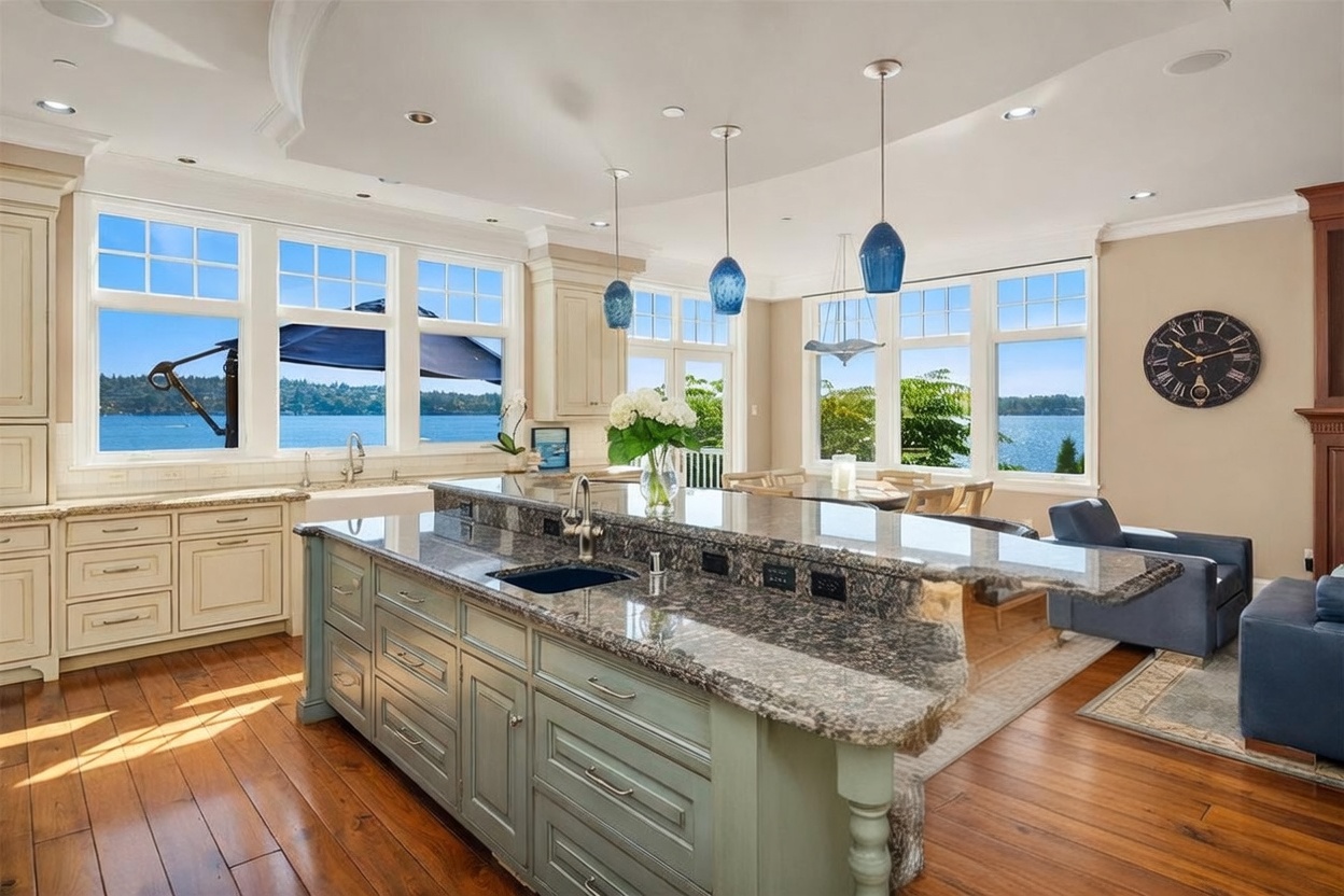 This spacious, high-end kitchen features a large central island with a granite countertop and a built-in sink, complemented by light-colored cabinetry and warm hardwood flooring. The room is bathed in natural light from expansive windows that offer a stunning, unobstructed view of the lake. The open-concept design seamlessly integrates the kitchen with a dining area and living space, creating an inviting and luxurious atmosphere.