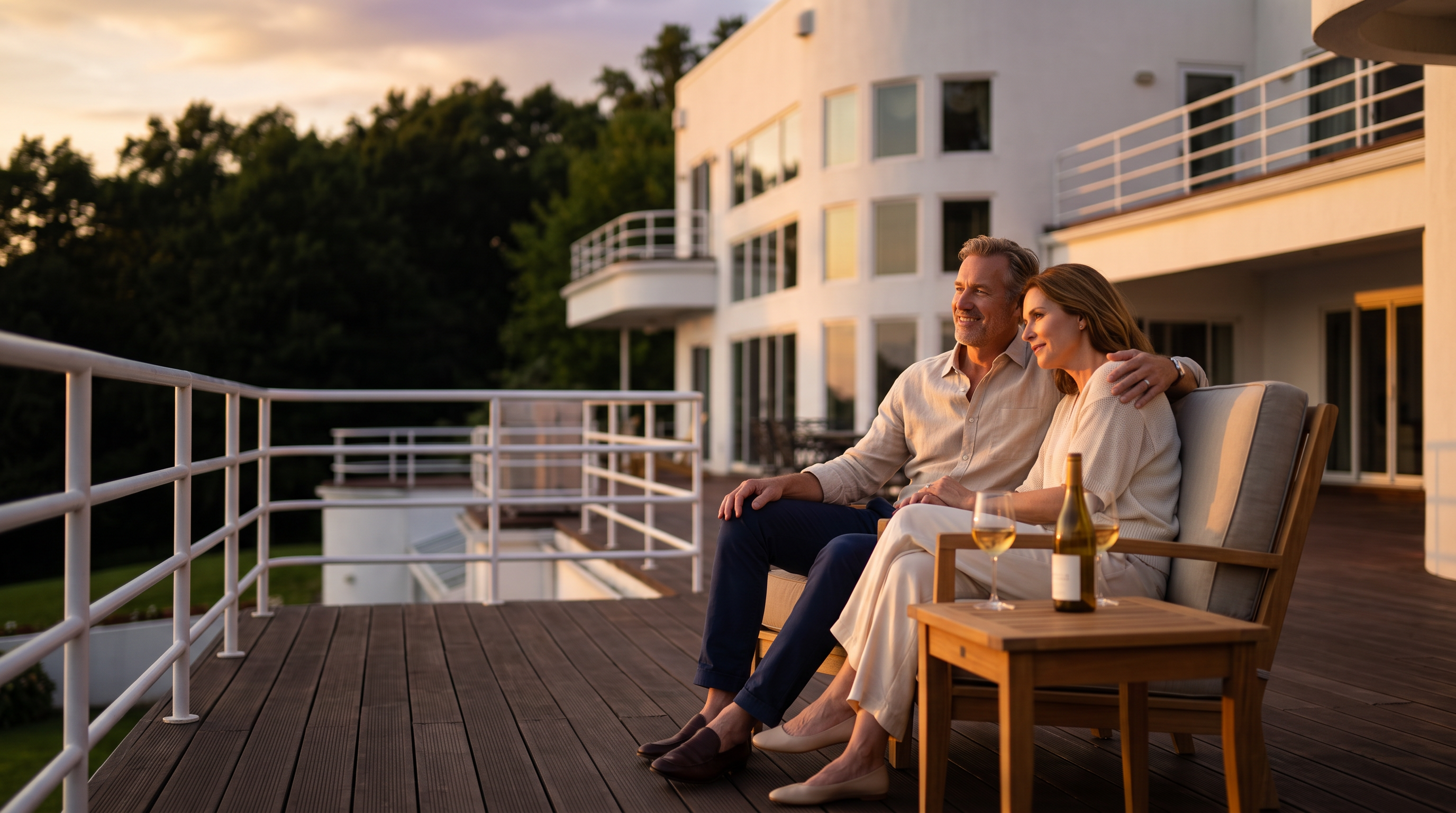 A spacious and modern upper-level deck offers a serene setting for relaxation with a couple seated comfortably. The area features high-end teak furniture, a wine setup, and clean-lined architectural railings that allow for unobstructed views of the surrounding landscape. The sunset lighting enhances the warm, inviting atmosphere of this luxury outdoor living space.