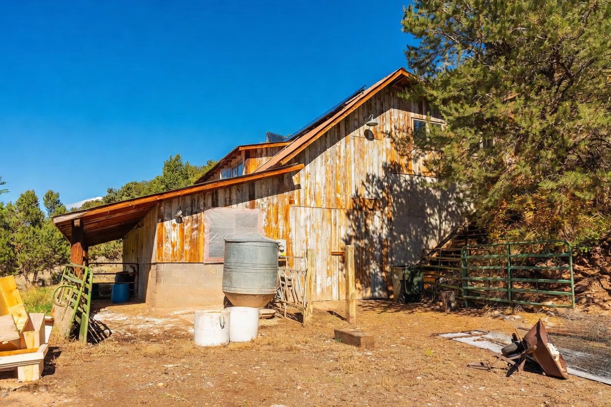 This side view captures a rustic, weathered barn-style structure featuring vertical wood siding with a distressed, sun-bleached finish. The building includes a covered lean-to area, a large metal water tank, and a set of exterior stairs leading to an upper level, all set against a backdrop of native trees and a clear blue sky. The scene conveys a rugged, rural aesthetic with various farm-related items scattered across the dirt ground.