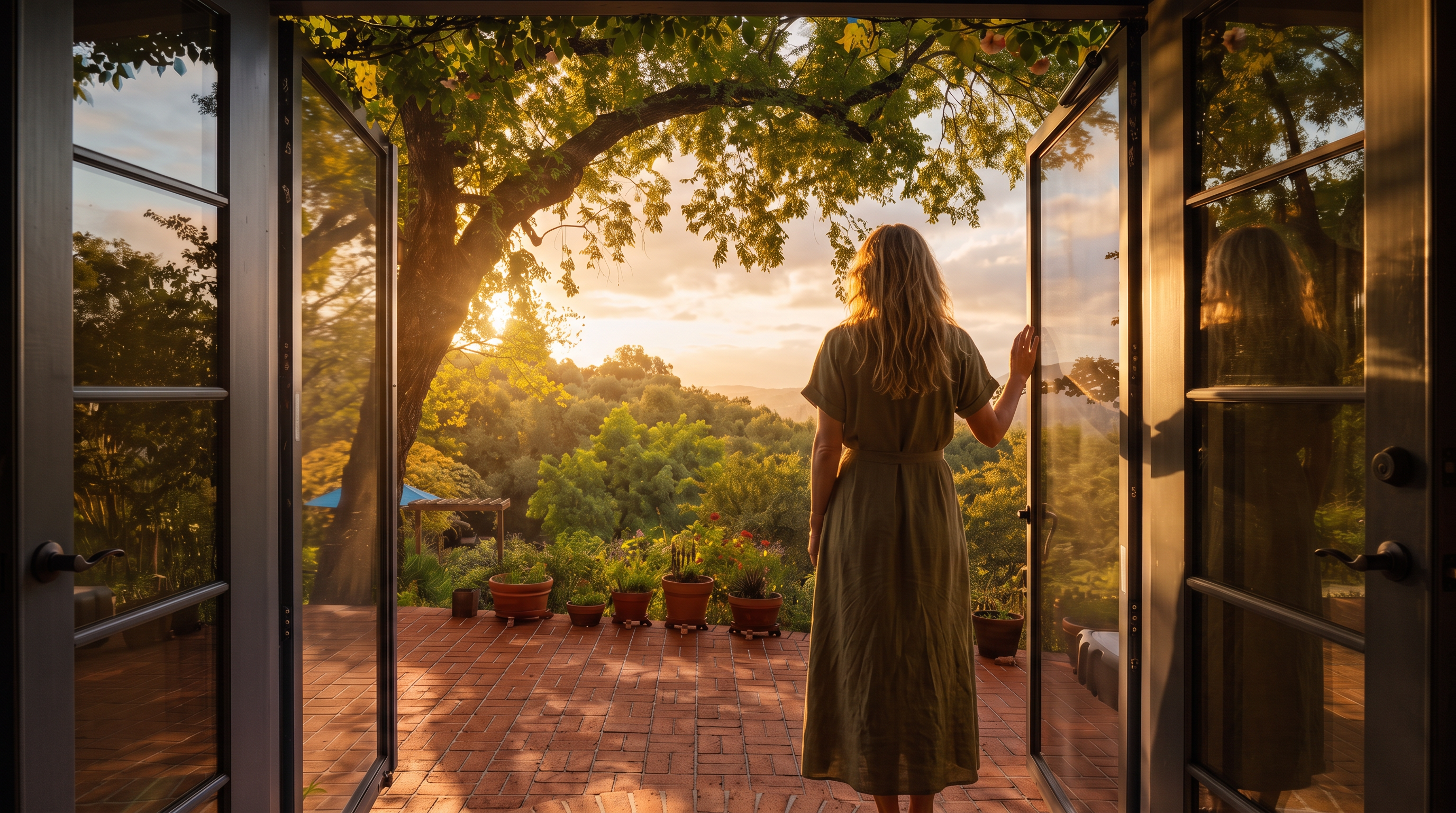 This perspective is captured from inside a room looking out through wide-open French doors onto a brick-paved patio. The patio is lined with a variety of potted plants and overlooks a lush, tree-filled landscape with distant rolling hills under a bright blue sky. The scene creates a seamless transition between indoor living space and the natural beauty of the outdoors.