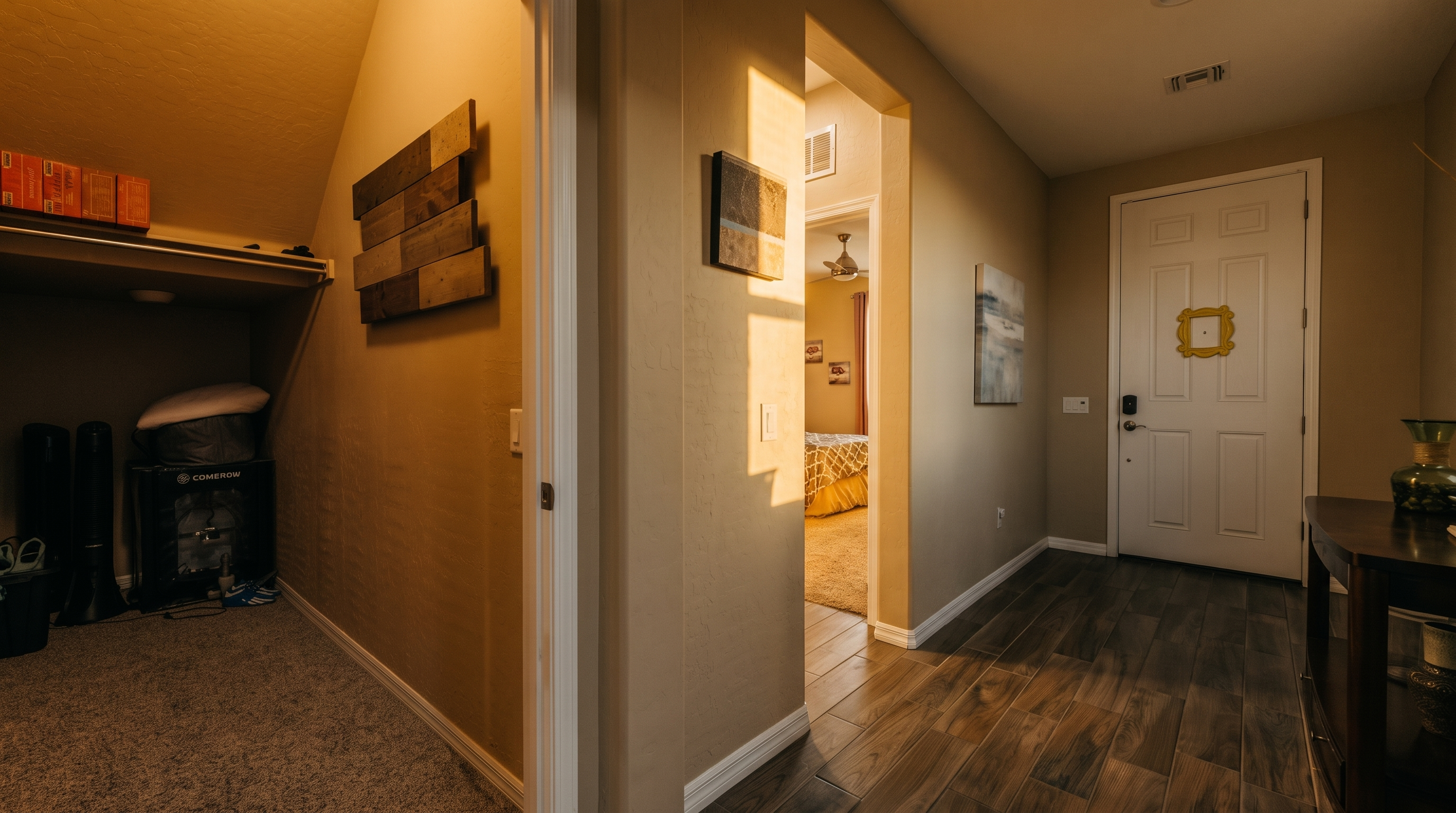 This interior view captures a transition space featuring a wood-look tiled hallway that leads to a front door adorned with a decorative yellow frame. To the left, an open storage area with carpeted flooring and shelving provides additional utility space, while a doorway further down the hall offers a glimpse into a bedroom. The neutral wall tones and clean lines create a welcoming and functional entryway atmosphere.