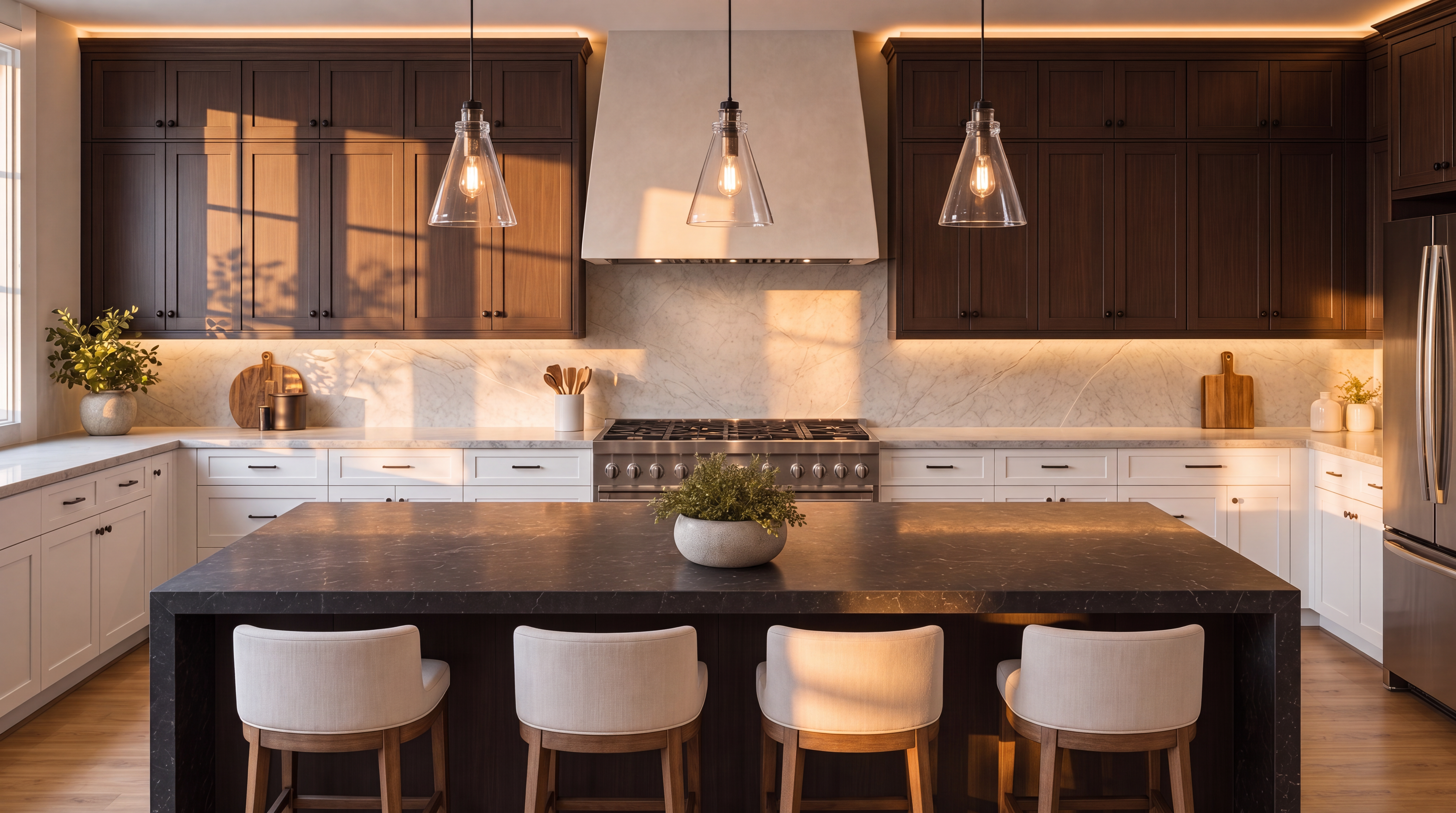 This sophisticated kitchen features a stunning contrast between dark wood upper cabinetry and clean white lower cabinets, accented by elegant marble countertops and a matching backsplash. A large, dark stone island serves as a central focal point, surrounded by four plush upholstered stools, while three glass pendant lights add a modern touch. The warm under-cabinet and recessed lighting create an inviting atmosphere, perfectly highlighting the high-end stainless steel range and overall designer aesthetic.