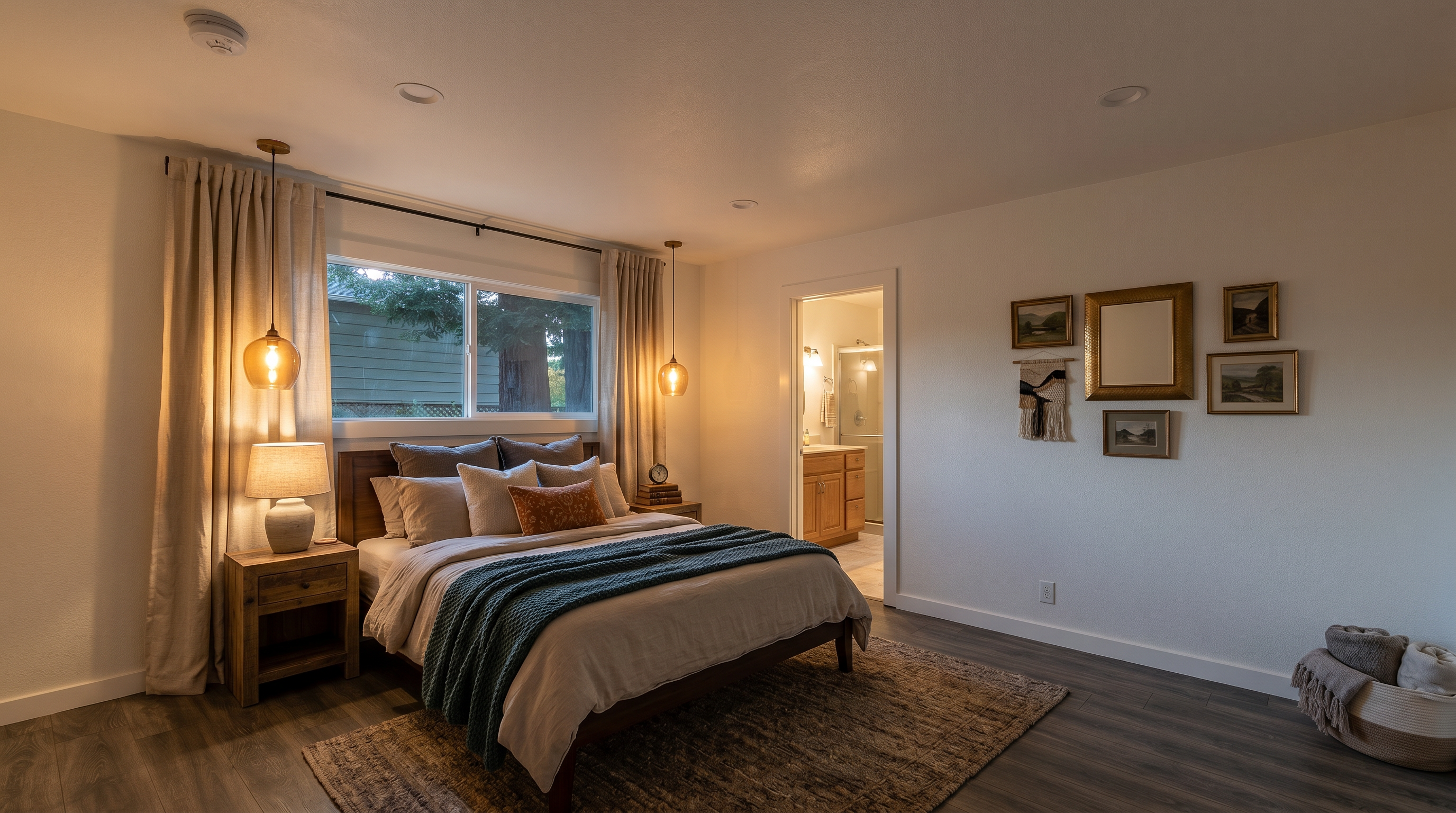 This bright, minimalist bedroom features neutral white walls and dark wood-look flooring that creates a clean, modern aesthetic. A large window allows natural light to fill the space, while a doorway provides a direct view into an adjacent bathroom with a wood vanity. The room is finished with recessed lighting and a simple, uncluttered layout, making it a versatile space for various uses.