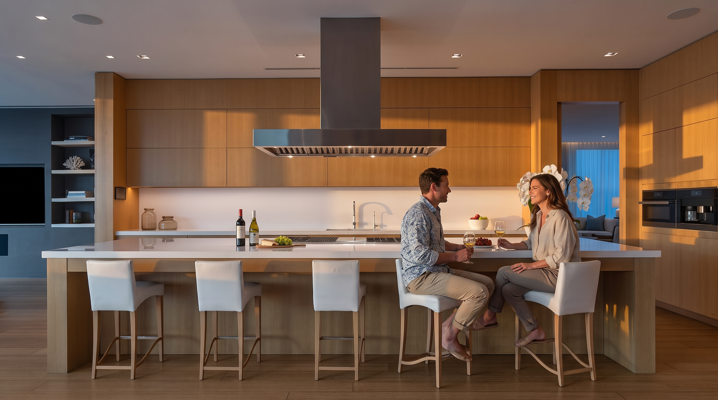 This sleek, contemporary kitchen features a long central island with a white countertop and five white-upholstered bar stools, perfect for casual dining. The space is defined by warm, light wood cabinetry that provides a seamless, minimalist aesthetic, complemented by a large stainless steel range hood centered above the cooktop. The perspective is a straight-on, symmetrical shot that highlights the clean lines, integrated appliances, and the bright, airy atmosphere of the room.