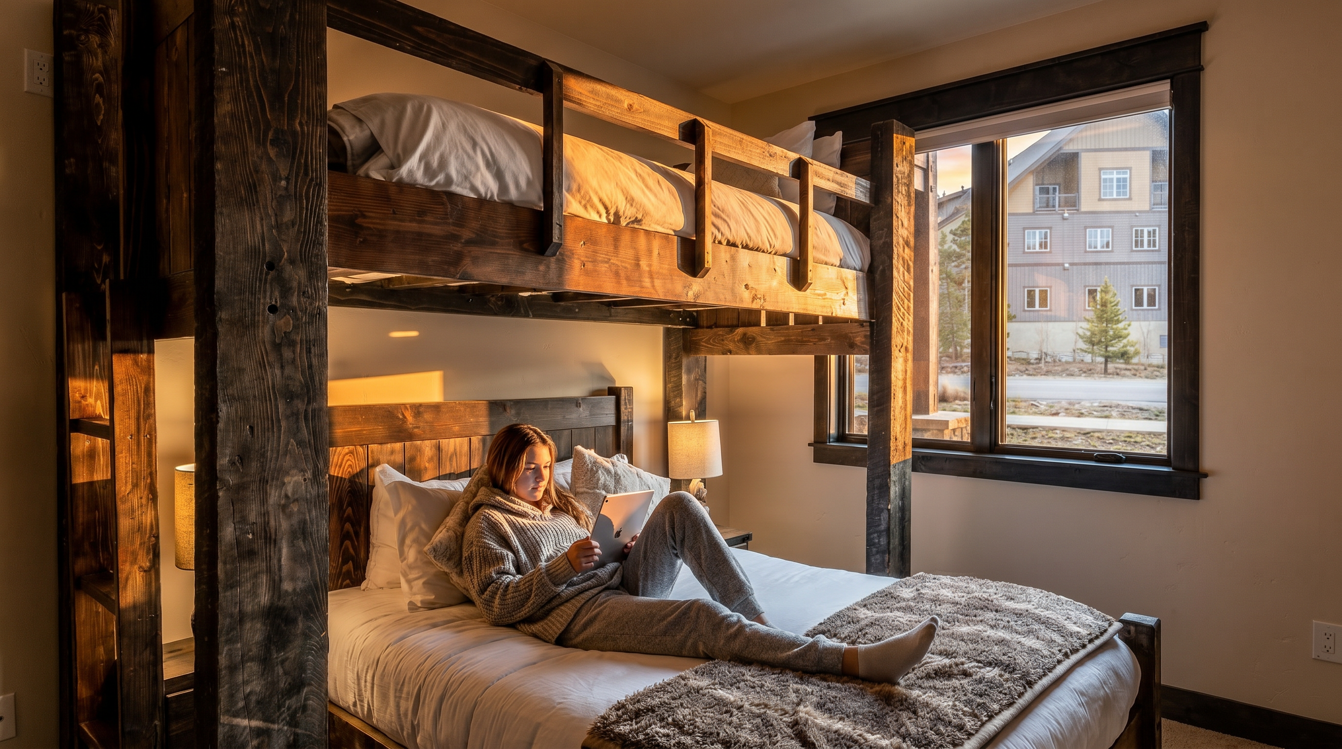 This cozy bedroom features a rustic, custom-built wooden bunk bed structure that combines a lower queen-sized bed with an upper twin bunk. The room is decorated in a warm, mountain-lodge style with neutral walls, plush carpeting, and a window that provides a view of the surrounding neighborhood. The overall aesthetic is inviting and functional, perfect for a vacation home or guest suite.