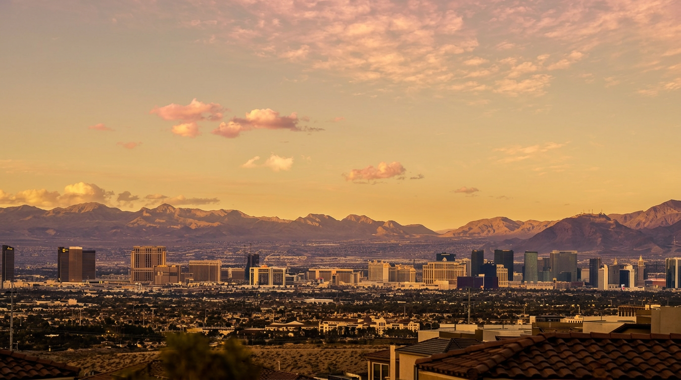 This image captures a sweeping, elevated panoramic view of the Las Vegas skyline, likely taken from a private balcony or terrace. The perspective highlights the sprawling urban landscape set against a backdrop of distant, layered mountain ranges under a soft, twilight sky. The foreground includes a glimpse of tiled roofing, suggesting the vantage point is from a high-end residential property overlooking the city.