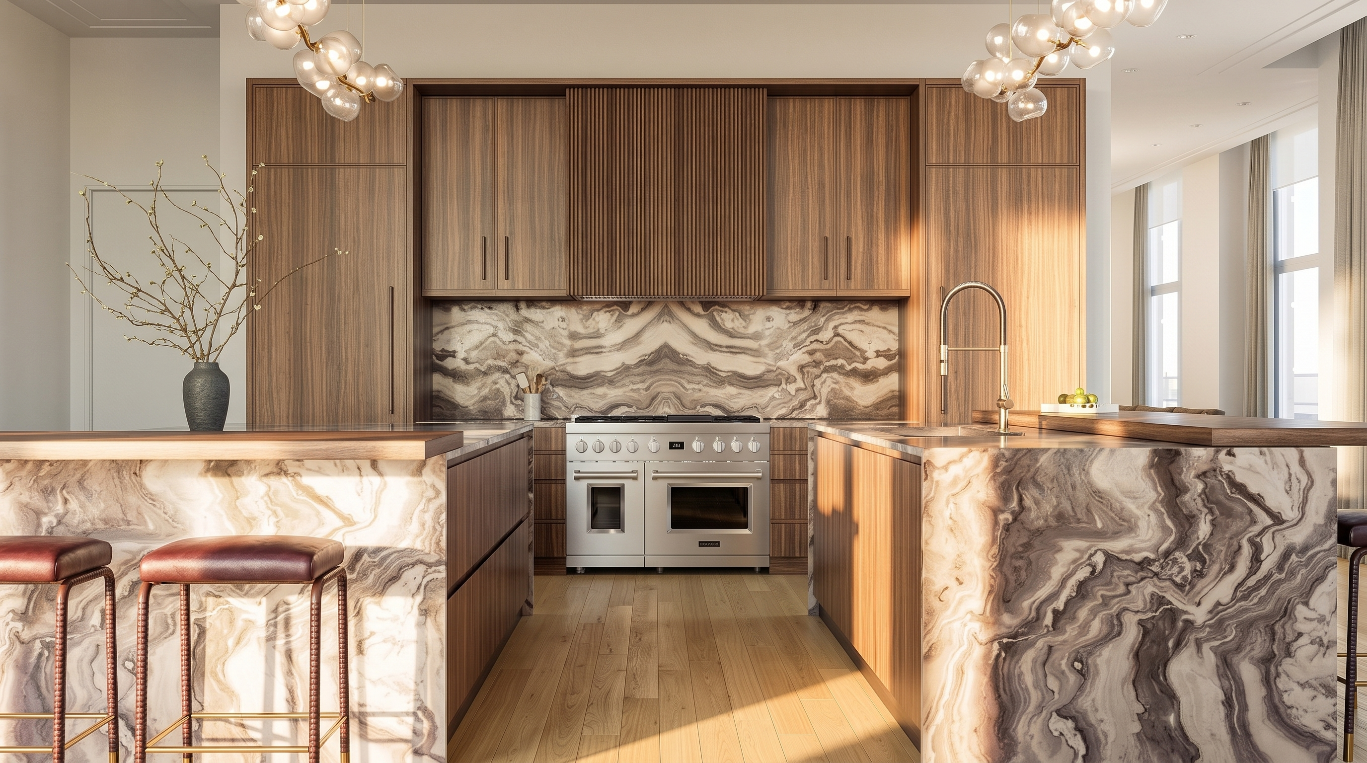 This sophisticated, high-end kitchen features dual islands with dramatic, veined stone bases and integrated wood-topped breakfast bars. The space is anchored by warm wood cabinetry, a professional-grade range, and elegant pendant lighting that creates a refined, cinematic atmosphere. Large windows along the side provide abundant natural light and expansive city views, enhancing the open and airy feel of the room.