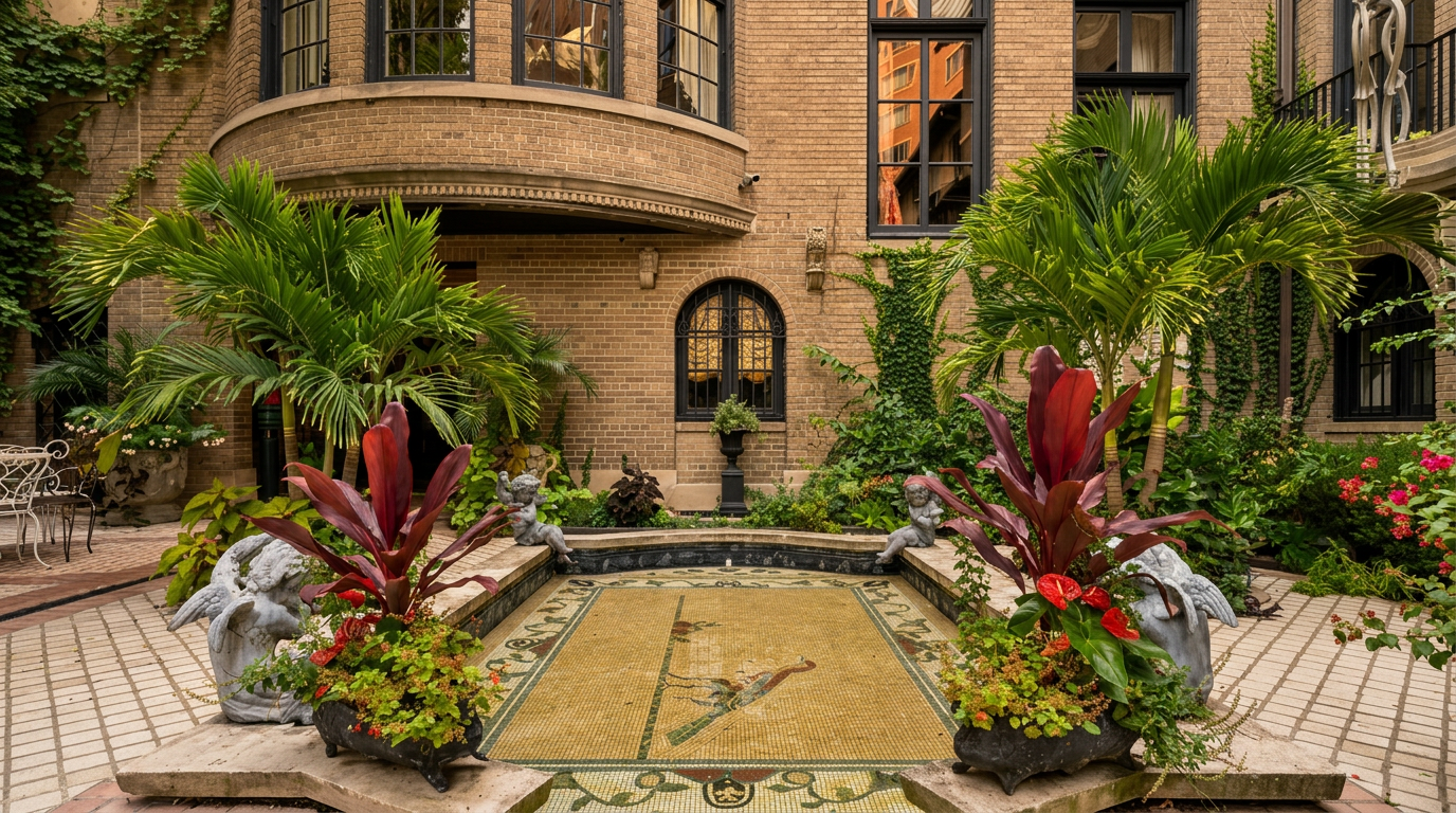 This elegant courtyard garden features a central rectangular reflecting pool adorned with an intricate mosaic tile floor depicting a bird. The space is framed by lush palm trees, potted tropical plants, and climbing ivy against a classic brick building facade with arched windows. The scene is captured from a ground-level perspective, emphasizing the serene, Mediterranean-inspired atmosphere of the private outdoor retreat.