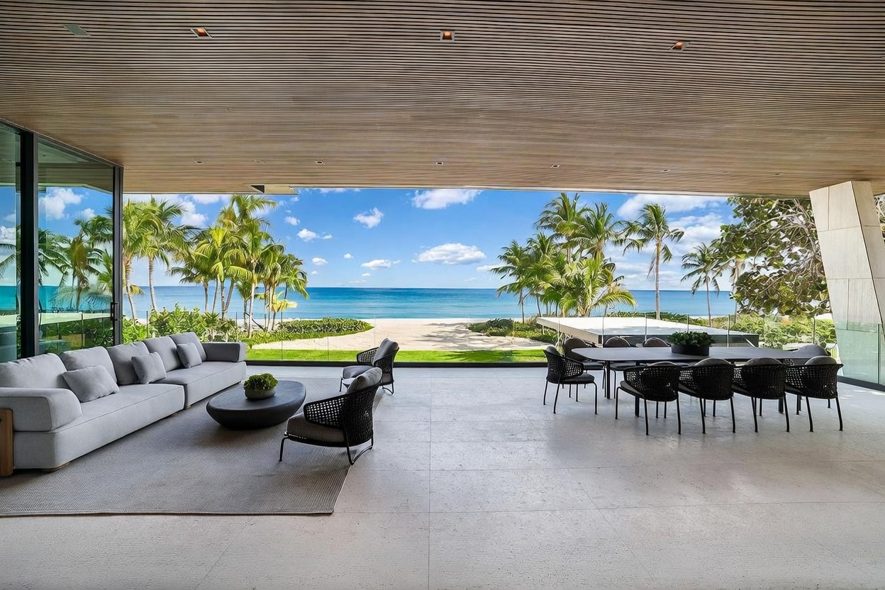 This expansive, covered outdoor living space features a seamless transition to a pristine beach and ocean view through large, unobstructed glass panels. The area is furnished with a contemporary grey sectional sofa, a low-profile coffee table, and a long dining table with woven chairs, all set against a neutral stone floor and a slatted wood ceiling. The open-air design emphasizes a luxurious, indoor-outdoor lifestyle with panoramic coastal scenery.