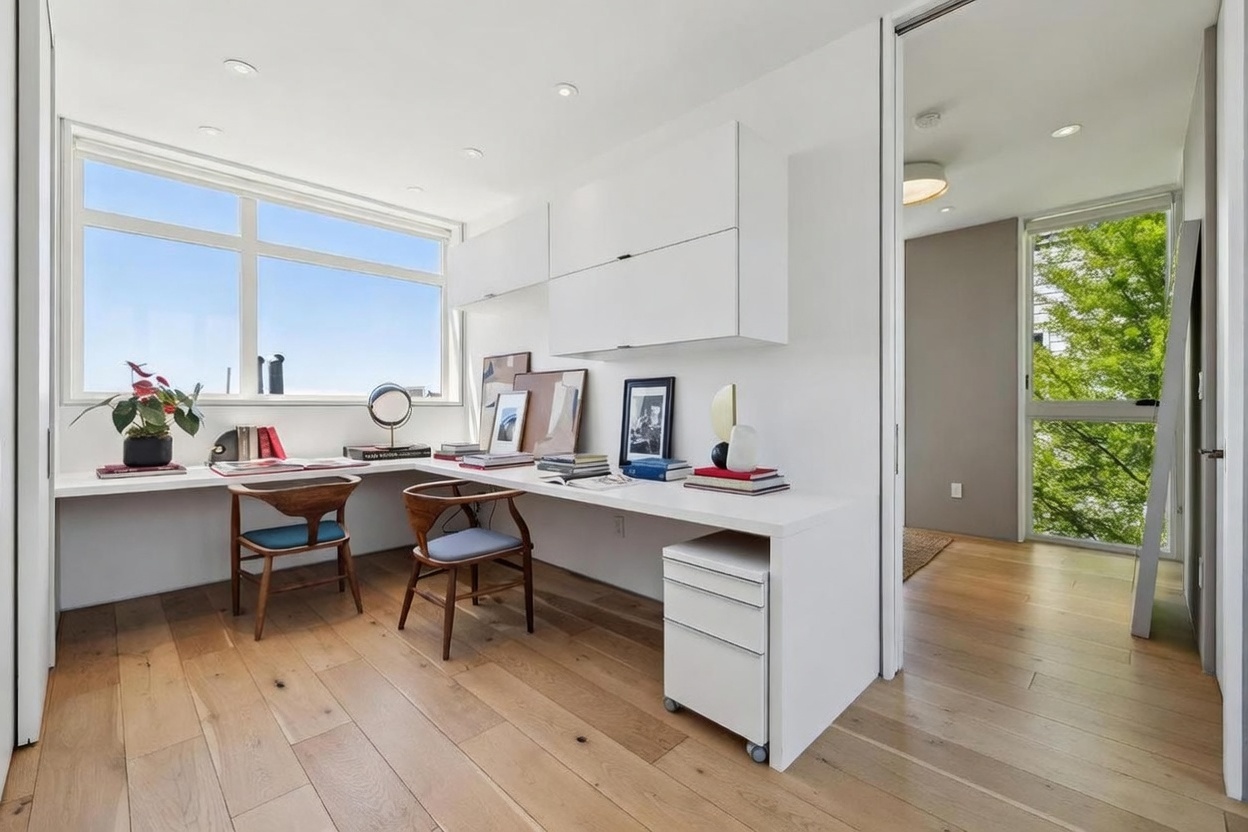 This bright and modern home office features a clean, minimalist aesthetic with light wood flooring and crisp white walls. A large L-shaped desk provides ample workspace, complemented by two wooden chairs and a mobile filing cabinet, while large windows offer abundant natural light and a view of the outdoors. The space is connected to an adjacent room through a wide doorway, creating an open and airy atmosphere.