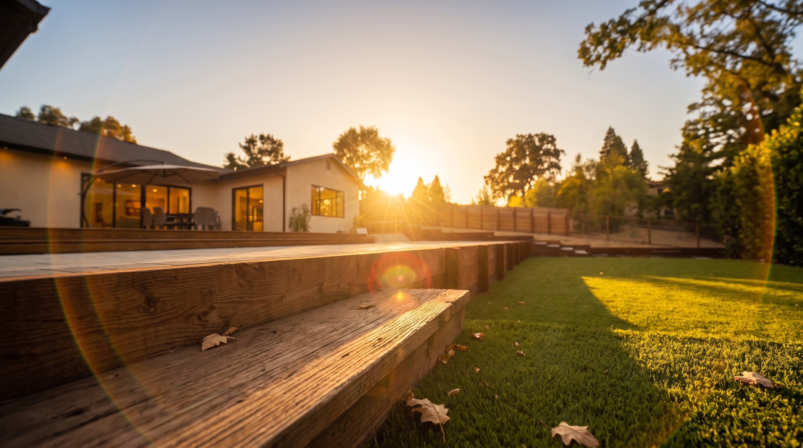 This spacious backyard features a well-manicured artificial turf lawn bordered by a tiered wooden retaining wall that separates the grass from a large, light-colored stone patio. The patio area includes an outdoor dining set with an umbrella, providing a comfortable space for entertaining against the backdrop of the home's rear exterior. The scene is framed by mature trees and a wooden fence, creating a private and inviting outdoor living environment under a clear blue sky.