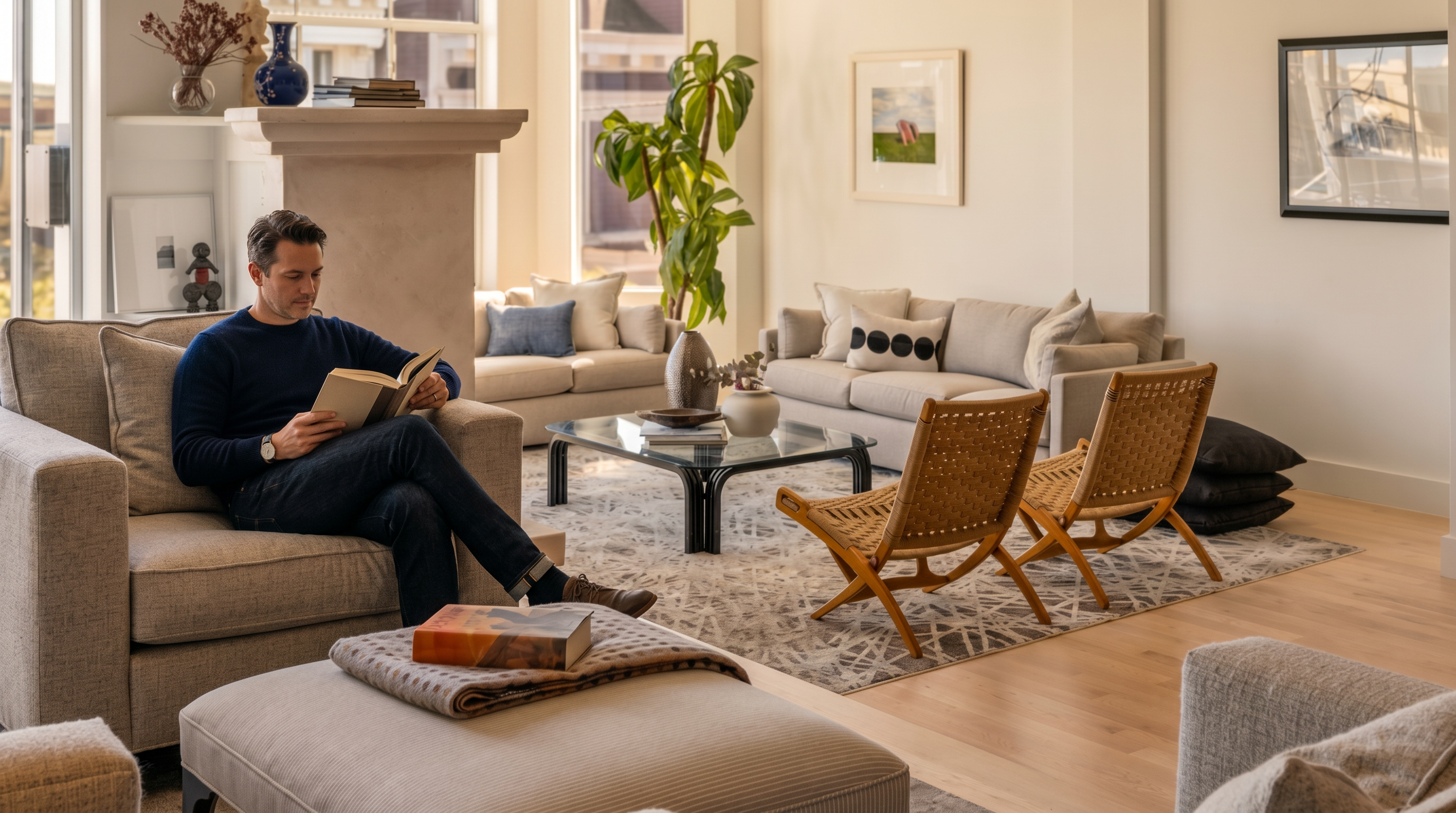 This bright and airy living room features a sophisticated, neutral color palette with plush sofas, woven accent chairs, and a glass-topped coffee table. The space is anchored by a textured area rug and a central fireplace pillar, creating a cozy yet open-concept atmosphere. Large windows allow for abundant natural light, highlighting the modern, comfortable aesthetic perfect for relaxed entertaining.