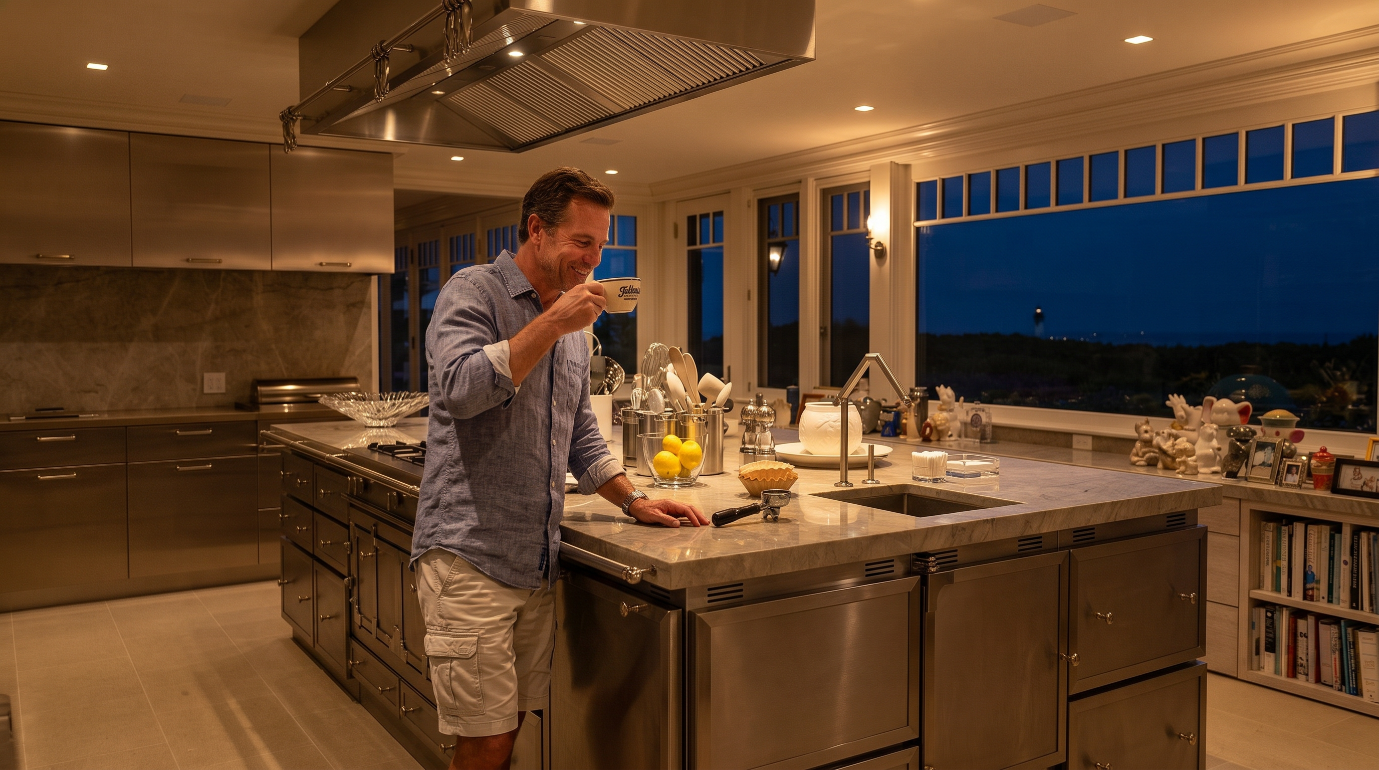 This professional-grade kitchen features an expansive central island with a stone countertop, integrated stainless steel cabinetry, and a large industrial-style range hood. The space is bathed in natural light from a wide window wall that offers a panoramic view of the coastal landscape. A built-in bookshelf at the end of the island adds a functional touch to this sleek, high-end culinary environment.
